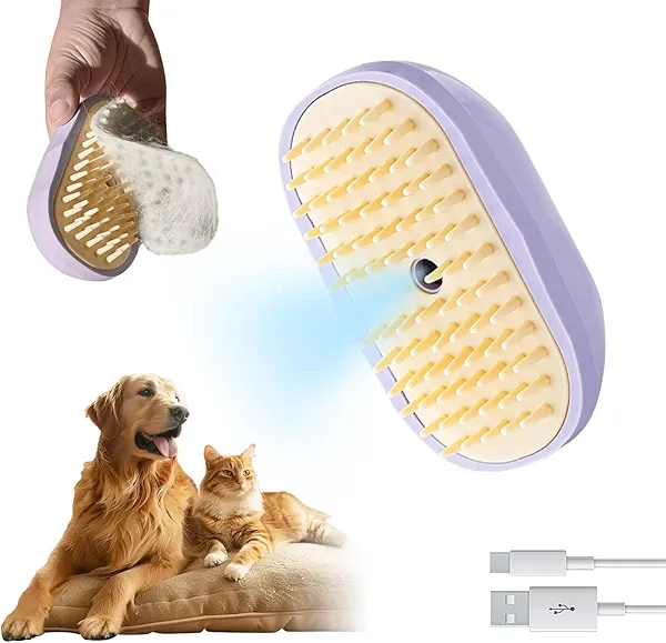 GooCare Soft 3-in-1 Cat Steam Brush, Silisone Comb for Shedding, Cleaning and Spray Massage, Hair Remover without Flying Hair, Best Grooming Water Brush for indoor Haired Cat and Dog (Purple)