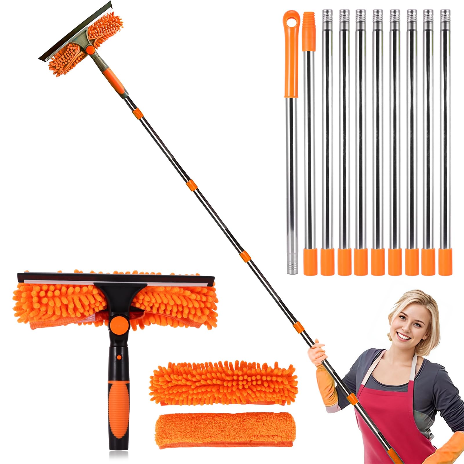 Window Cleaning Kit,2 in1 Professional Window Cleaning Equipment with 10 Extension Pole,4.25m (14ft) Long Reach Telescopic Window Cleaner Brush Tool with Spare Microfiber Cloth (Orange)