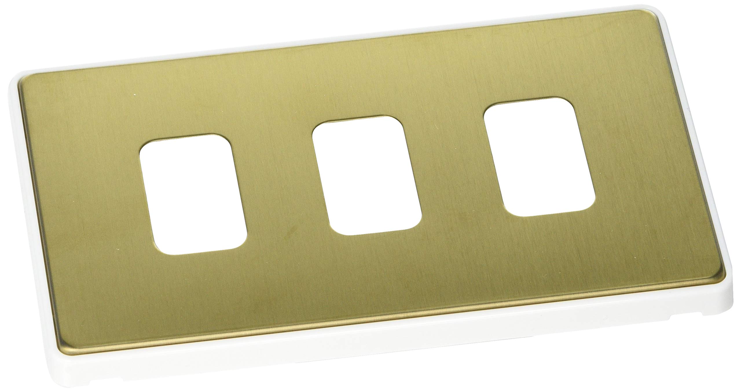 MK Dimensions 3 Module Grid Satin Brass Finish Frontplate with a White Trim, Satin Brass With White Insert
