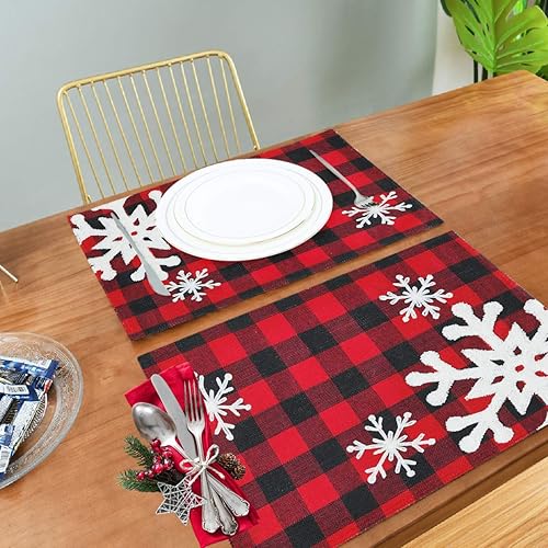 Miniatura 5 de Juego de 4 manteles individuales de Navidad con copos de nieve, color rojo búfalo a cuadros, para invierno, nieve, cocina, reversible, algodón,