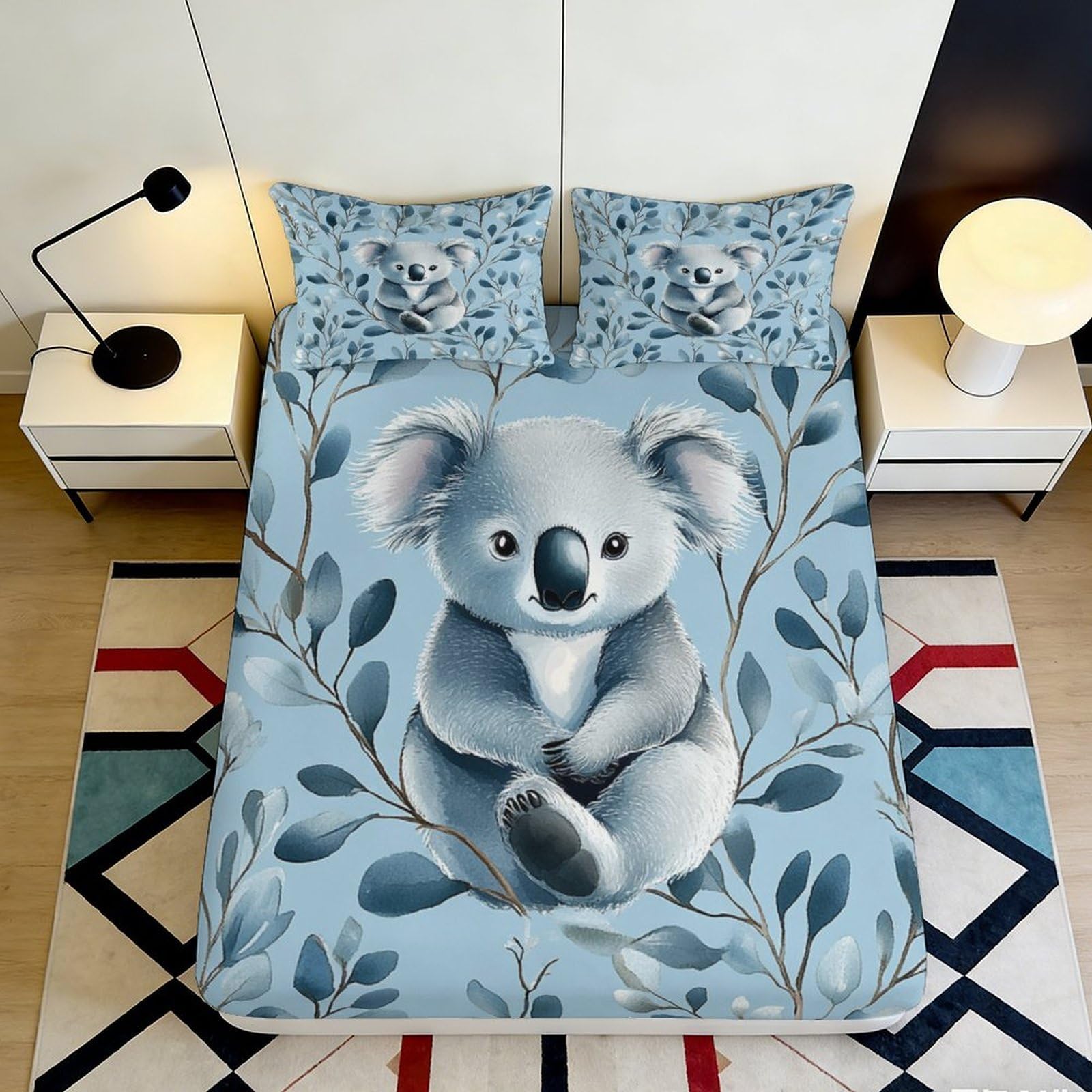3D Printed Cute Koala Fitted Sheet Microfiber Soft Non-slip Blue Cartoon Mattress Cover for Bedroom Dorm Easy Care 90x200x25cm