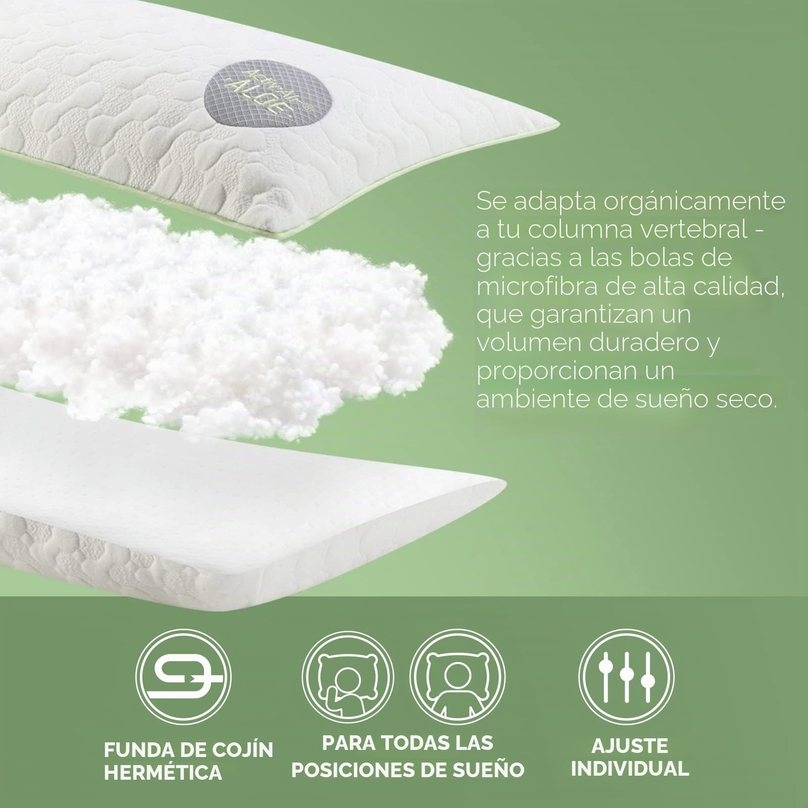 VITAPUR Almohada 40 x 80 Aloe Vera - Fresca en Verano, Cálida en Invierno - Almohada nº 1 para Dormir de Lado, con Efecto Calmante, Certificado Oekotex Standard 100 – Altamente Transpirable