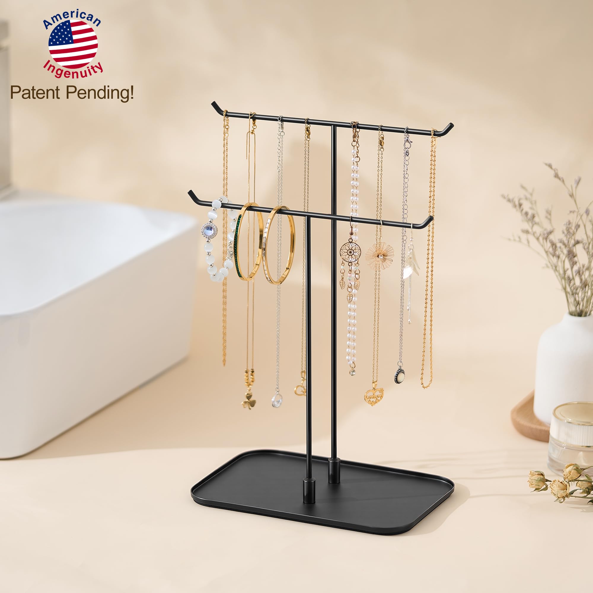 Bussdis Matte Black Jewelry Organizer Stand - 2-Tier T-Bar Display With Metal Tray, Holds Necklaces, Bracelets, Earrings