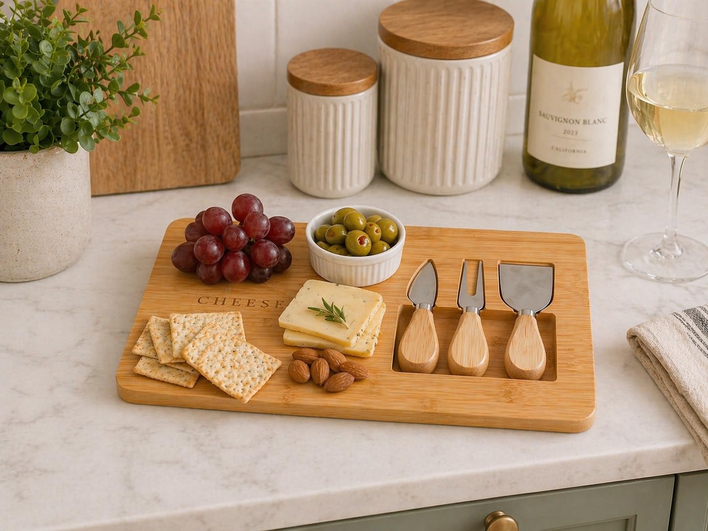 Marco Paul Interiors Marco Paul Bamboo Cheese Board Set Wooden Charcuterie Board With 3 Cheese Knives Serving Platter For Cheese Meat Crackers Appetizer Entertaining Gift Set
