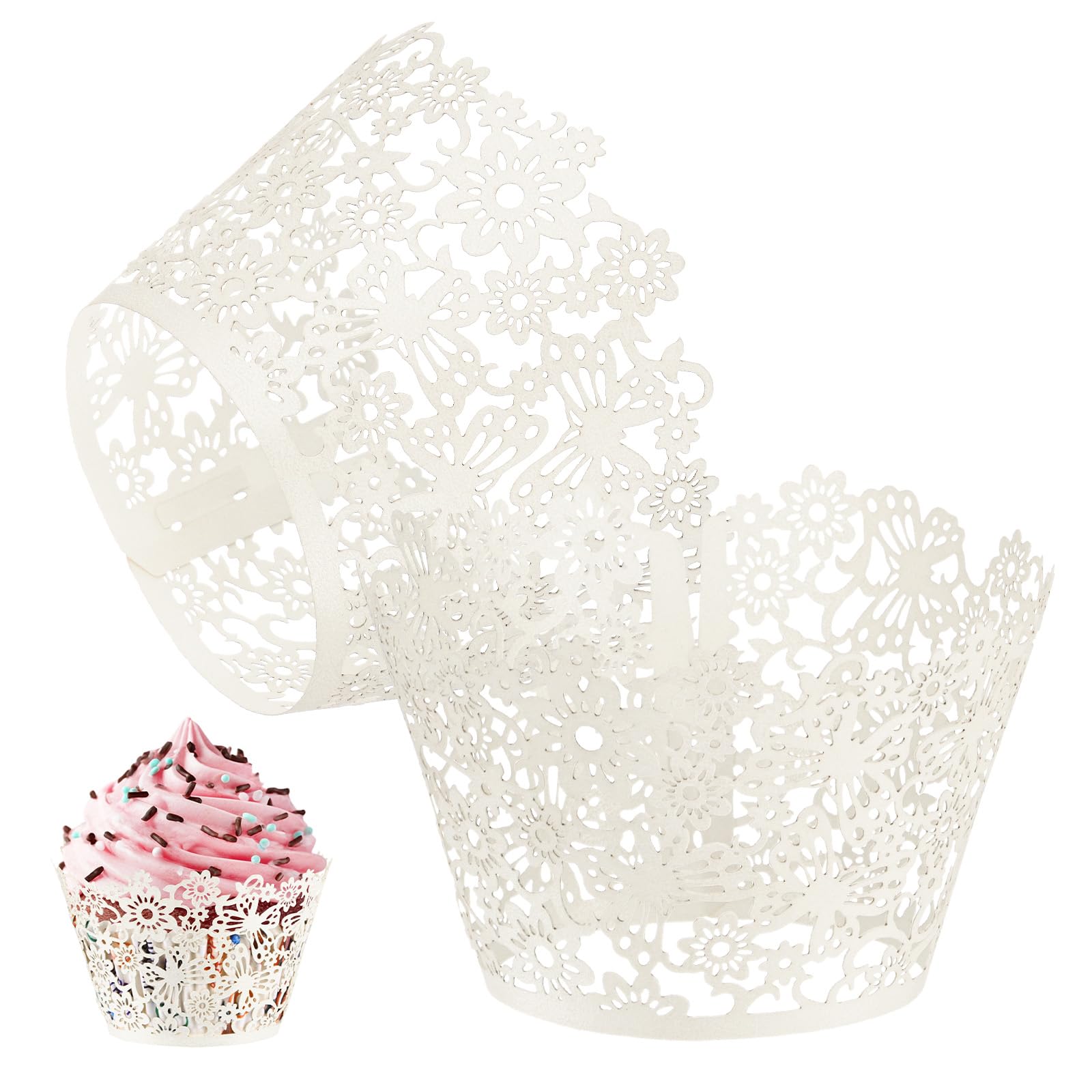 M METERXITY 50-Pack Cupcake Wrappers, Pearlescent Art Paper, Floral Lace Hollow Out Cupcake Liners for Wedding/Birthday Party Decoration, Bake Cake Paper[White]