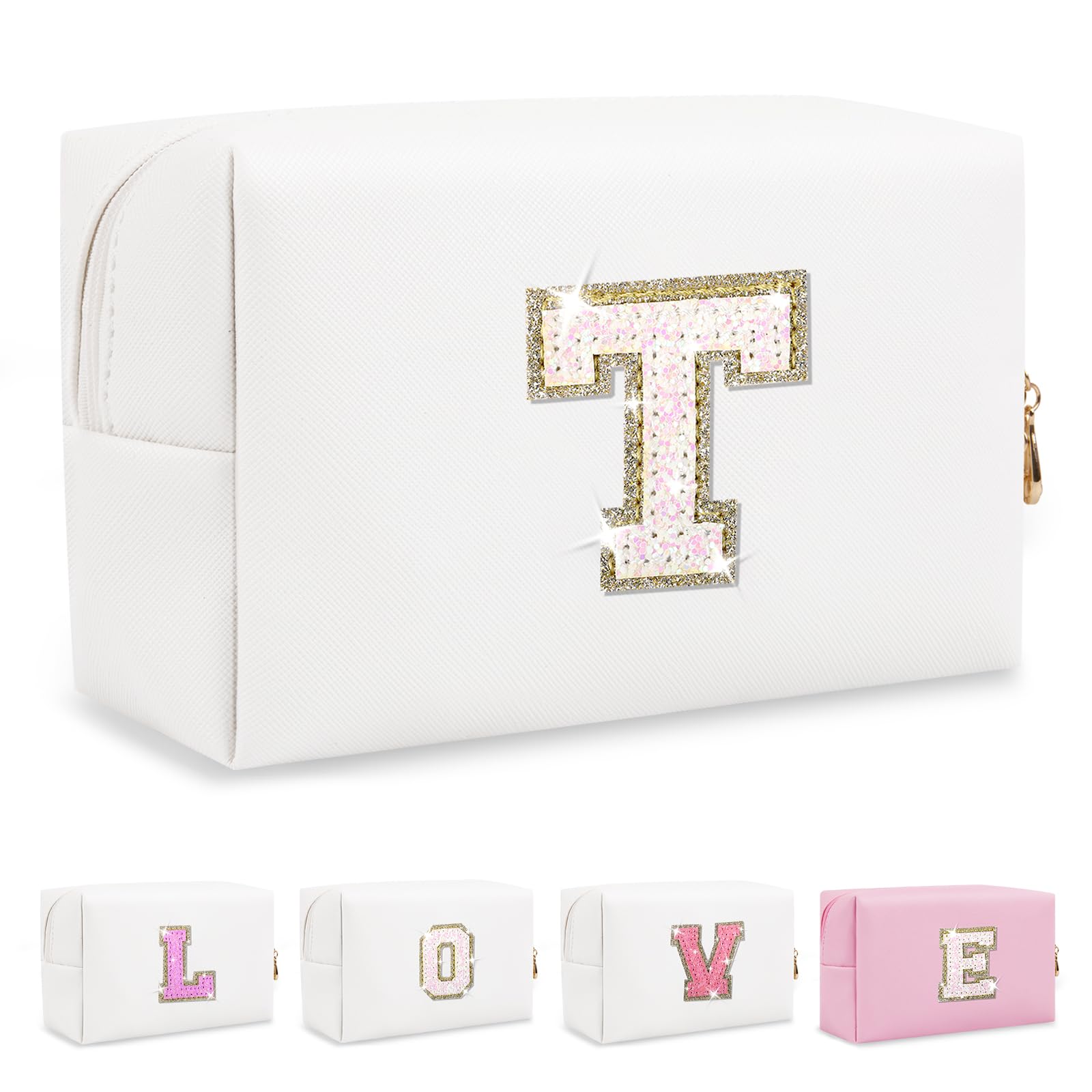 Neceser Personalizado de la A a la Z, Bolsa de Viaje pequeña con Cremallera, Bonita Bolsa de Aseo Blanca, Regalo para niñas y Mujeres cumpleaños, White, T, Preppy, Personalizado