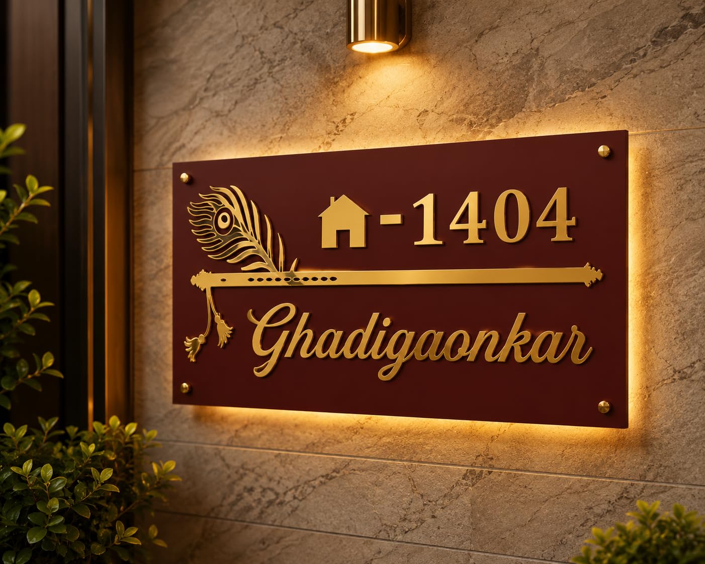 Customized Acrylic Name Plate for Home Entrance | Krishna Flute & Peacock Feather Design | Golden Mirror Finish Door Sign Board-image-14