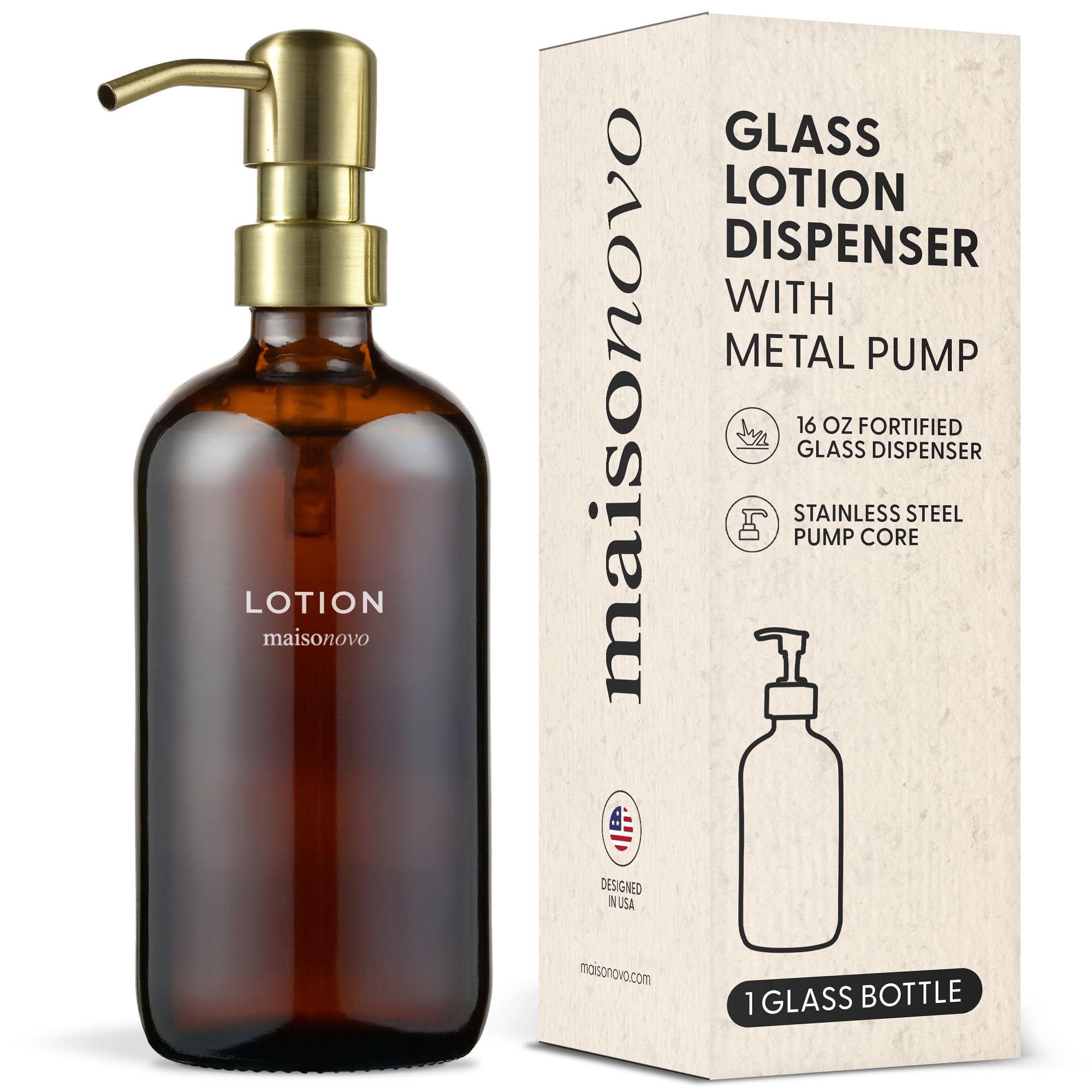 MaisoNovo Soap Dispenser 1-Piece Set | 16.9oz Amber Bottles with Gold Stainless Steel Pump