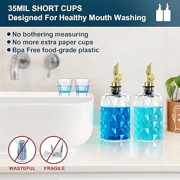 Mouthwash Dispenser for Bathroom, Luxury Diamond Glass Mouth Wash Container, 2 Pack Glass Mouthwash Dispenser Bottles with Cups, Auto-Flip Mouthwash Decanter, 12 Fl Oz
