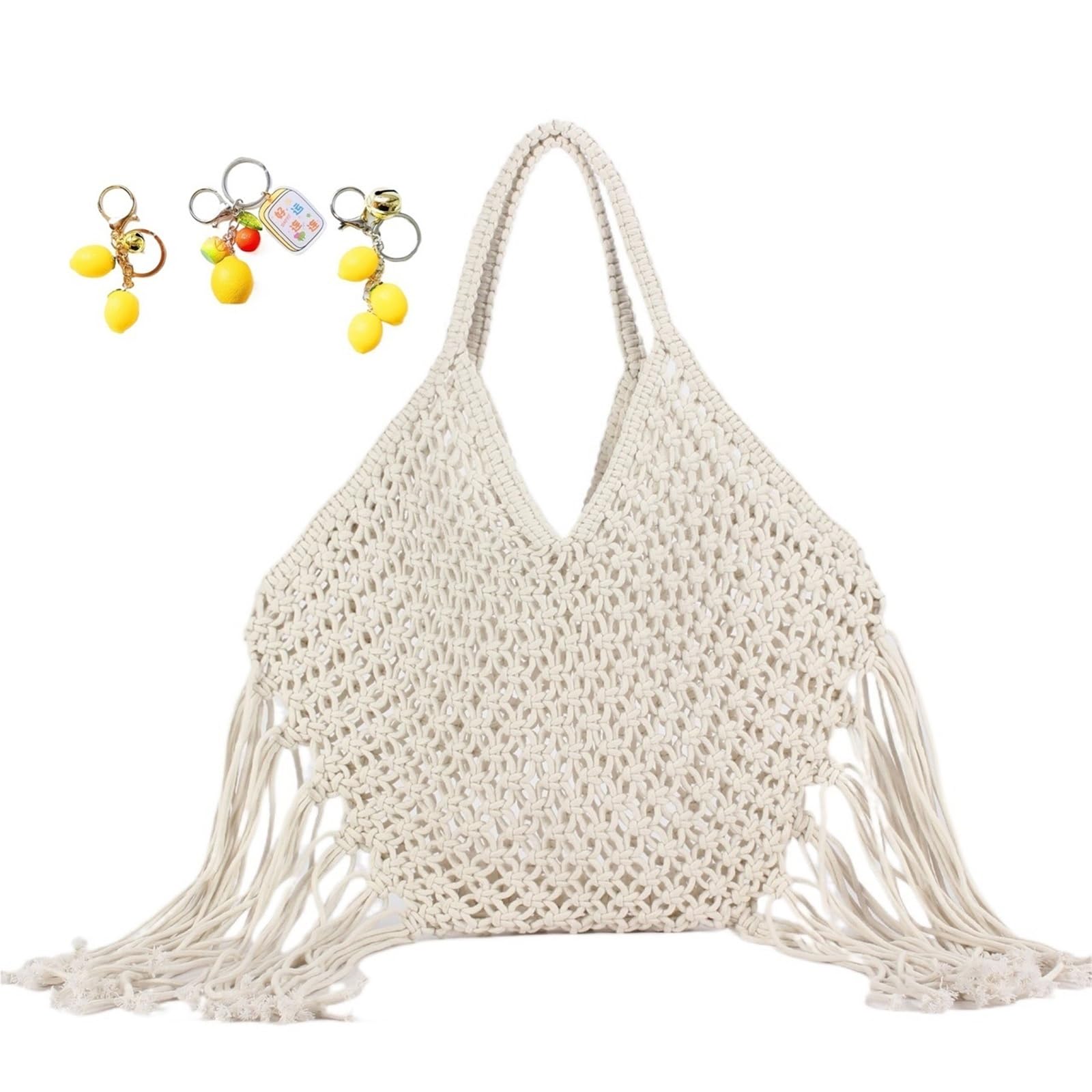 Borsa all'uncinetto for donna, in corda di cotone, da viaggio, da spiaggia, da pesca, a tracolla, intrecciata, estiva