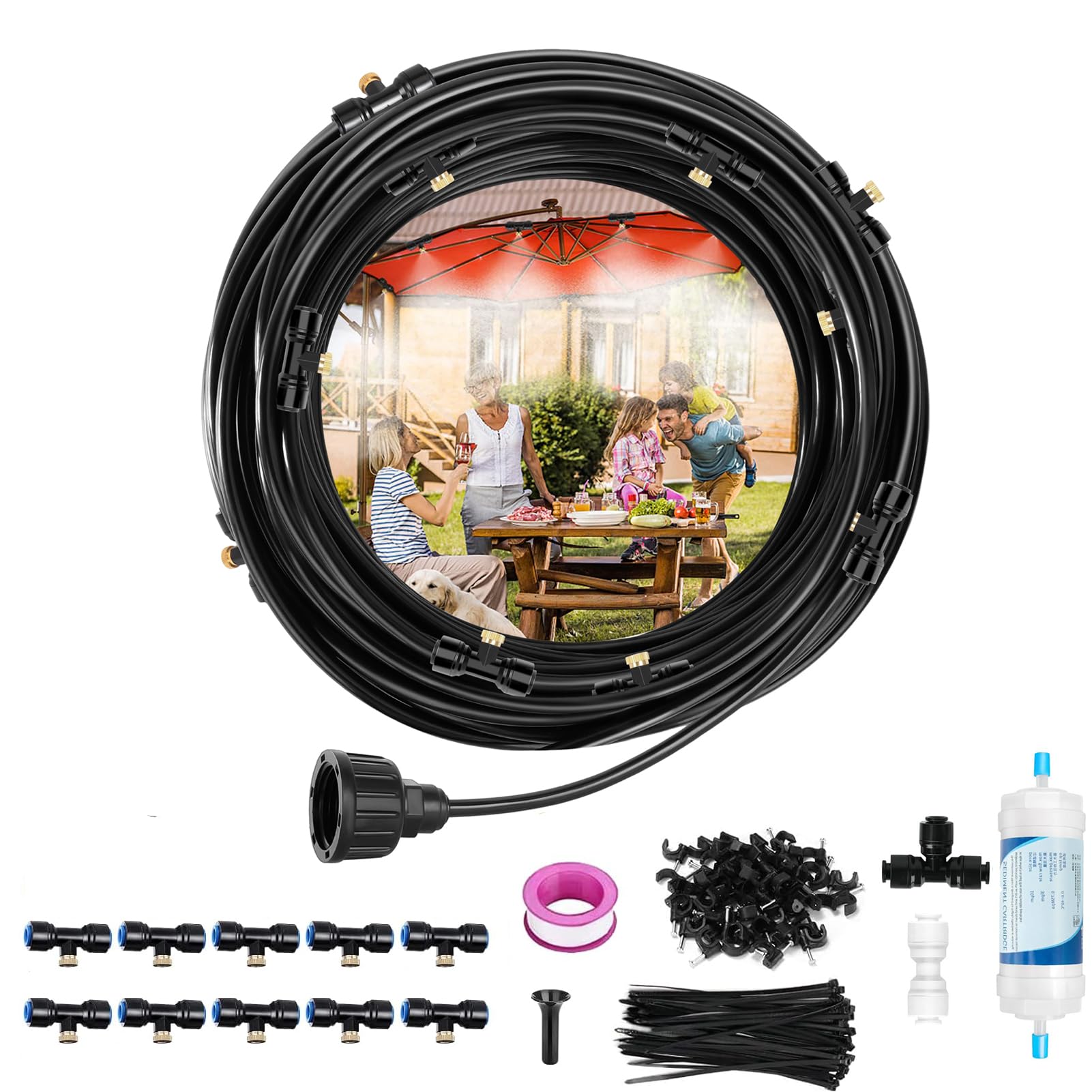 Sprühnebel Kühlung Terrasse | Sprühnebel Terrasse System, Wasser Vernebler Terrasse mit Wasserfilter, Dichtung,Messing-Nebeldüsen Terrassennebel für Kühlen von Außengewächshaus (10M)
