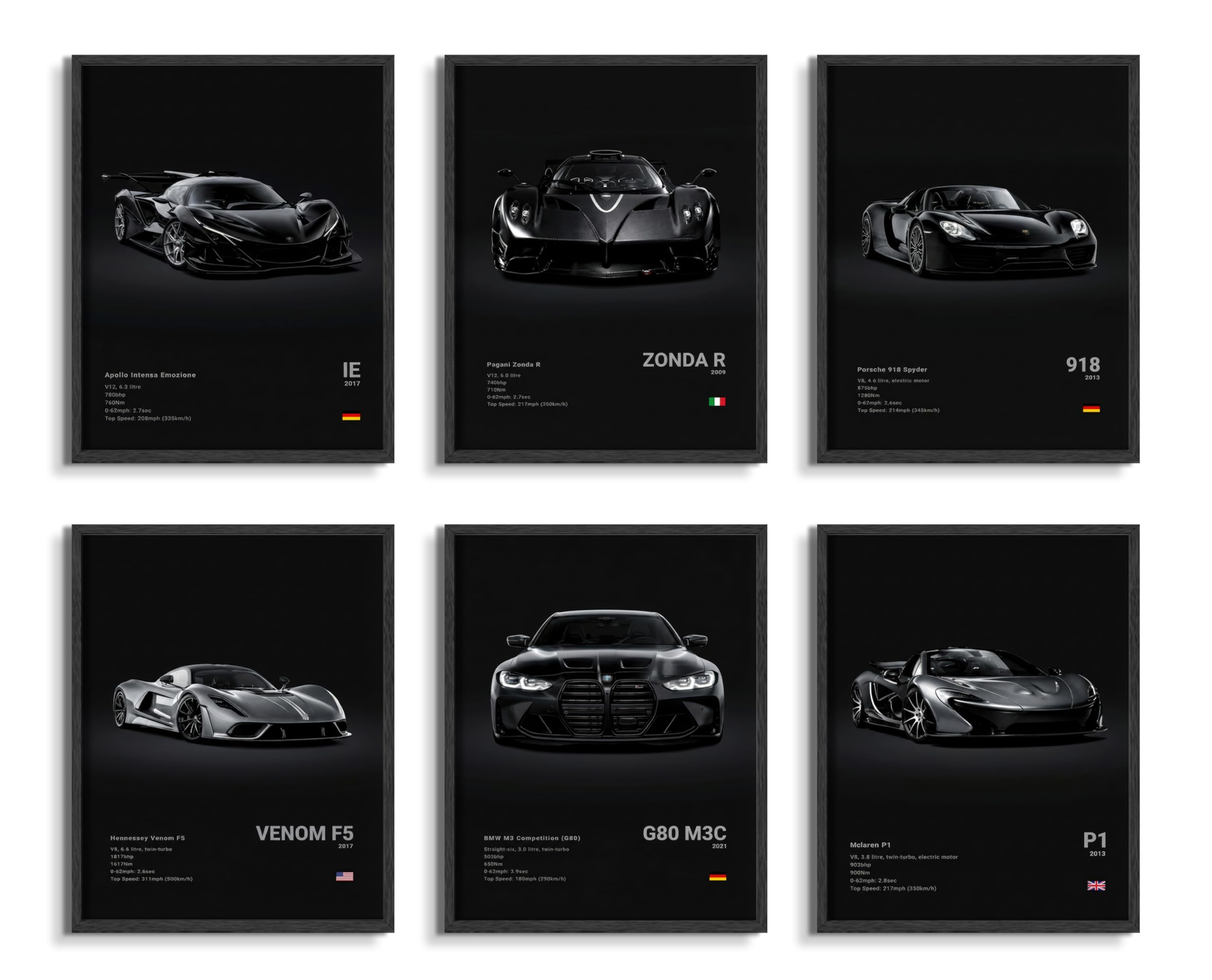 HTTART Car Posters Set of 6, Vintage Car Wall Art, Black Race Car Canvas Wall Decor Paintings,Supercar Aesthetic Prints Pictures for Boys Room Men Room Bedroom Dorm 8x10 Inch Unframed