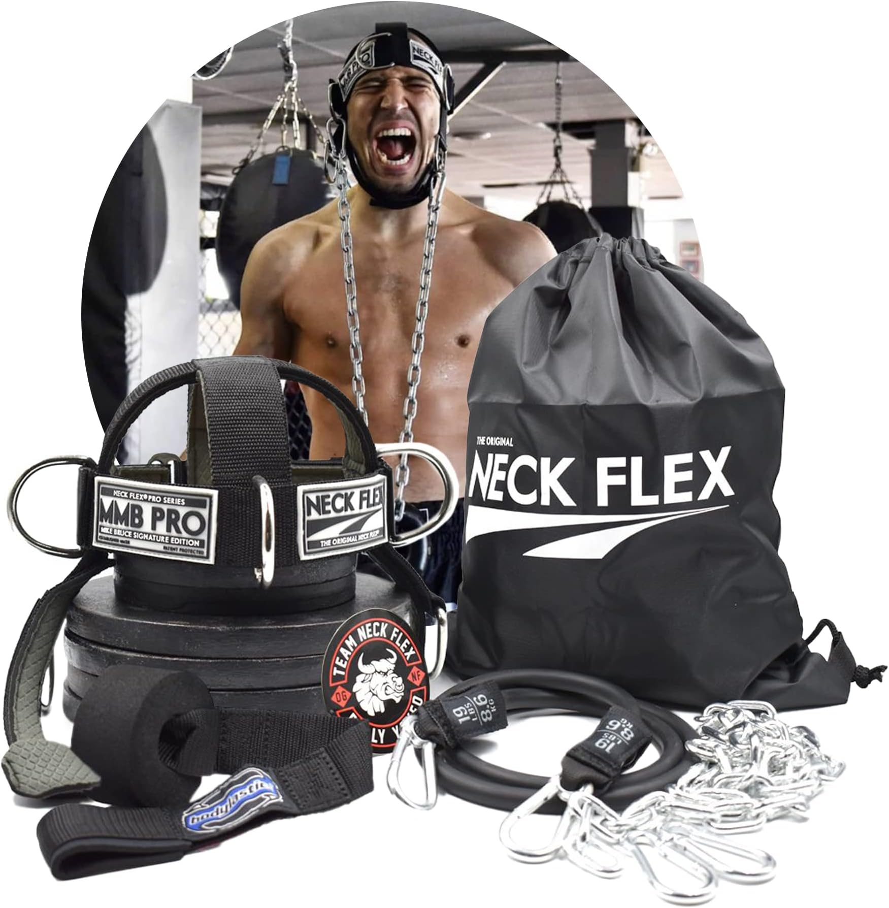 Neck Flex - MMB Pro Series, Neck Muscle Trainer Kit, Functional Trainer & Neck Weight Lifting, Heavy-Duty Head Harness Weight Belt with Chain, Neck Builder, Resistance Band & Door Anchor, Neck