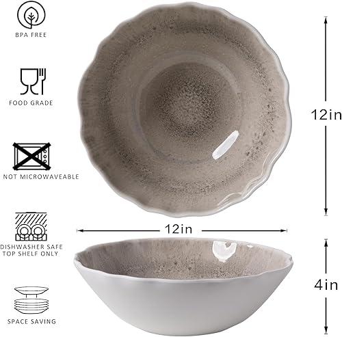 Miniatura 5 de Juego de 2 cuencos de melamina para servir ensaladas grandes de 12 x 4 pulgadas, cuencos de frutas, cuencos para mezclar, cuencos para servir para