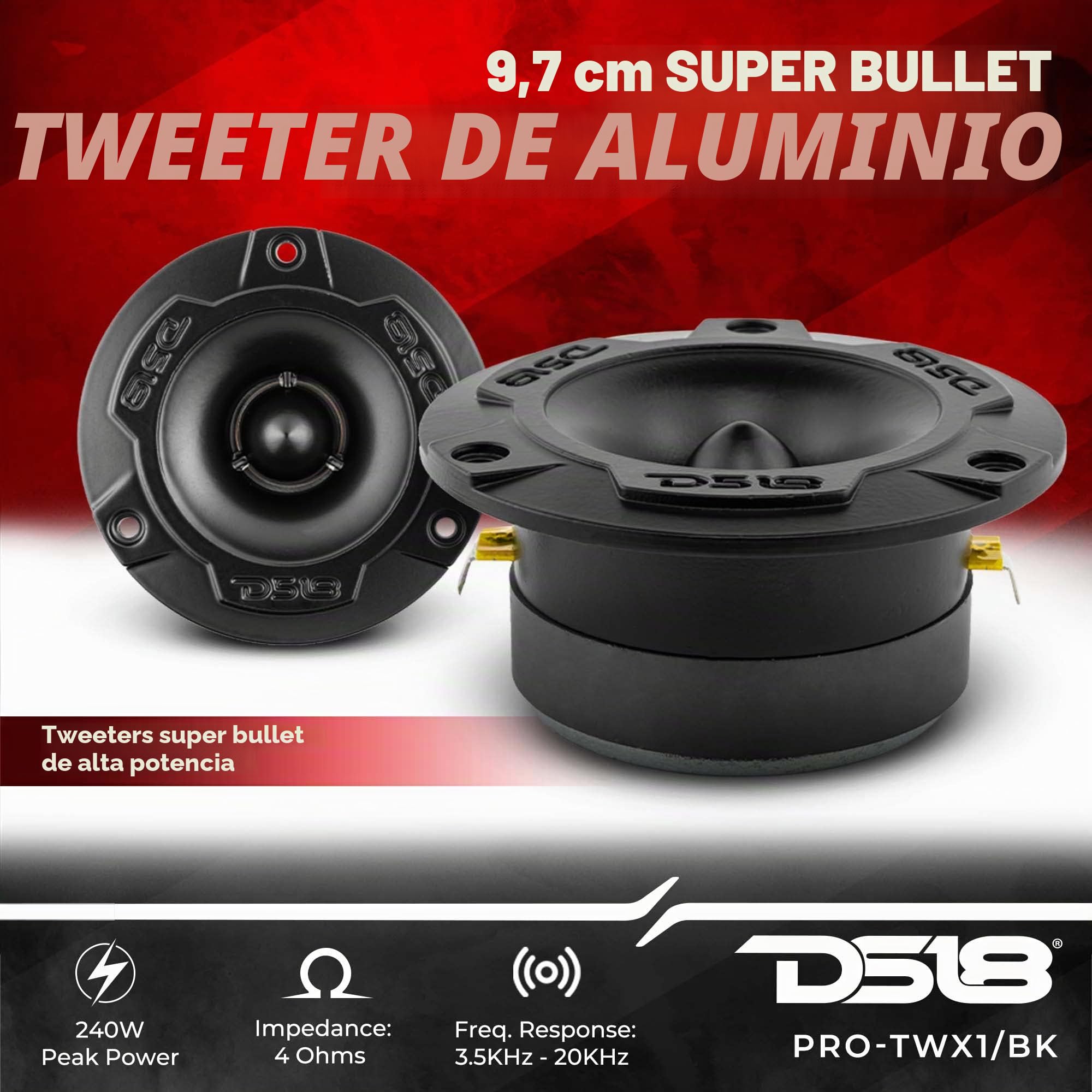 DS18 Pro-X6.4BMPK Paquete Completo Medio y Alto. Incluye 2 Altavoces de Rango Medio de 6.5 Pulgadas y 2 Tweeter Super Bullet de Aluminio de 1 Pulgada con Cruce Integrado – Altavoces de Puerta para