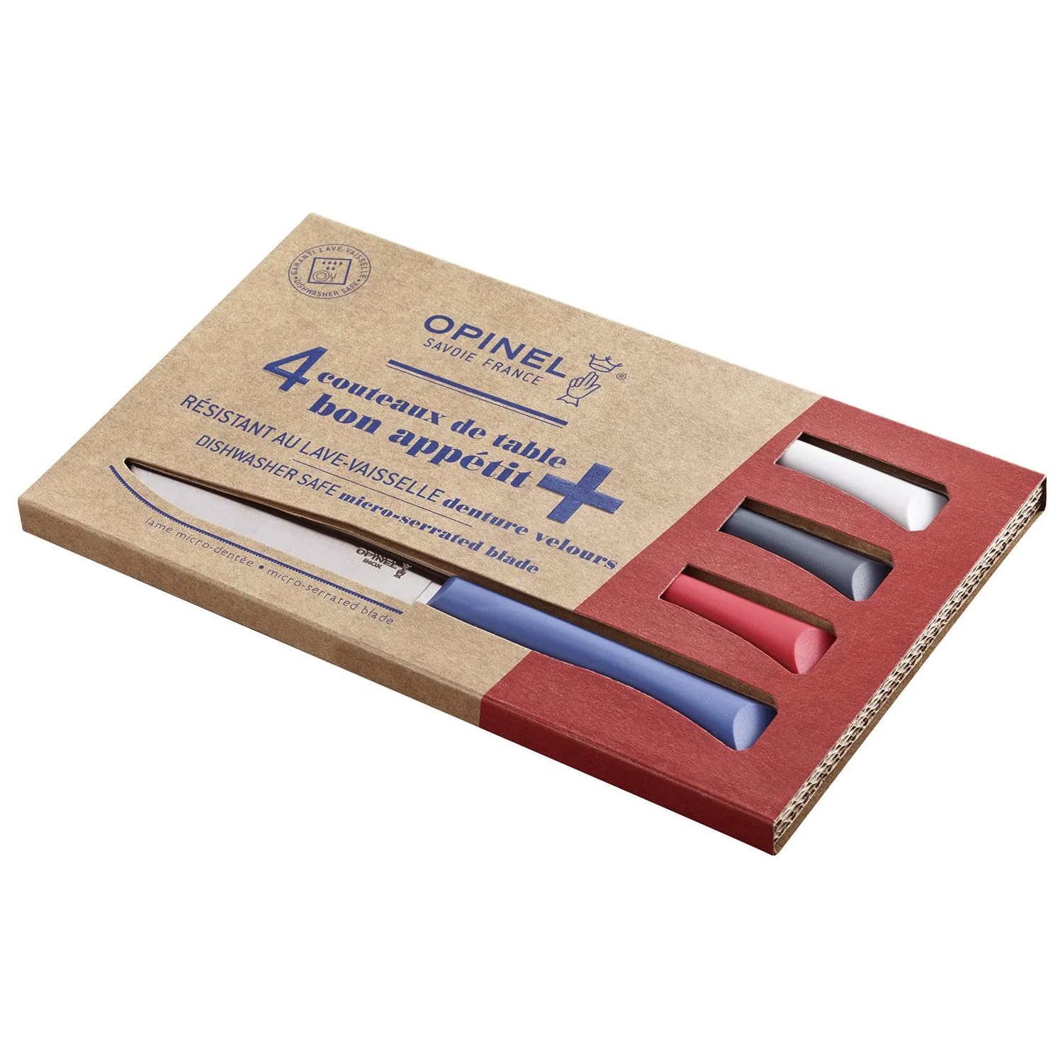 Opinel - Scatola di 4 Coltelli da Tavola N°125 Bon Appétit Campagne - Lama in Acciaio Inossidabile - Manico in Carpino - Fabbricazione Francese - Rosa, Grigio, Tiglio e Azzurro