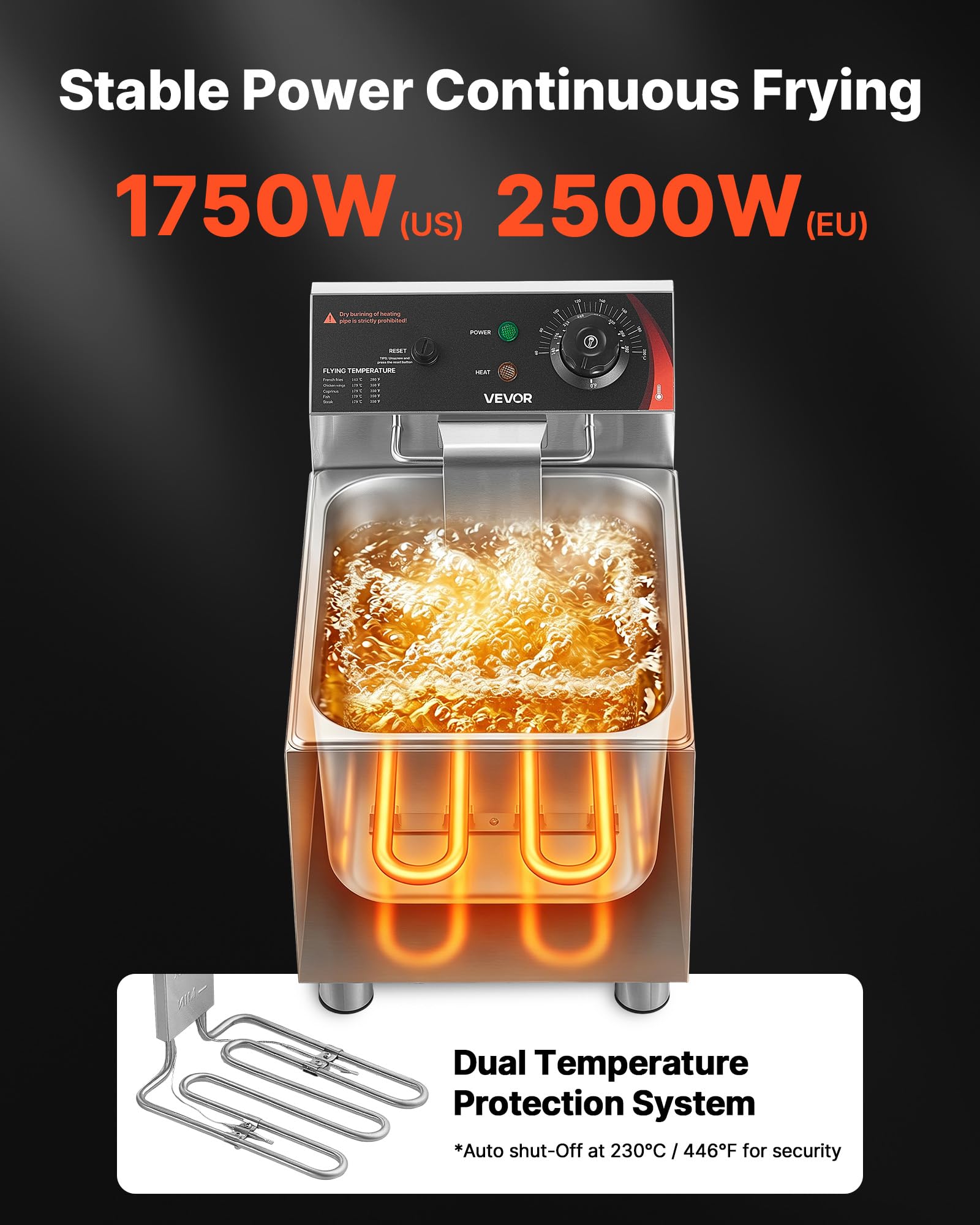 VEVOR Freidora Eléctrica Comercial 1 Tanque 7,5 L 2500 W, Freidora de Aceite de Acero Inoxidable con Cesta para Freír Tapas, Temperatura Ajustable 60-200 °C para Aros de Cebolla, Pollo, Papas Fritas