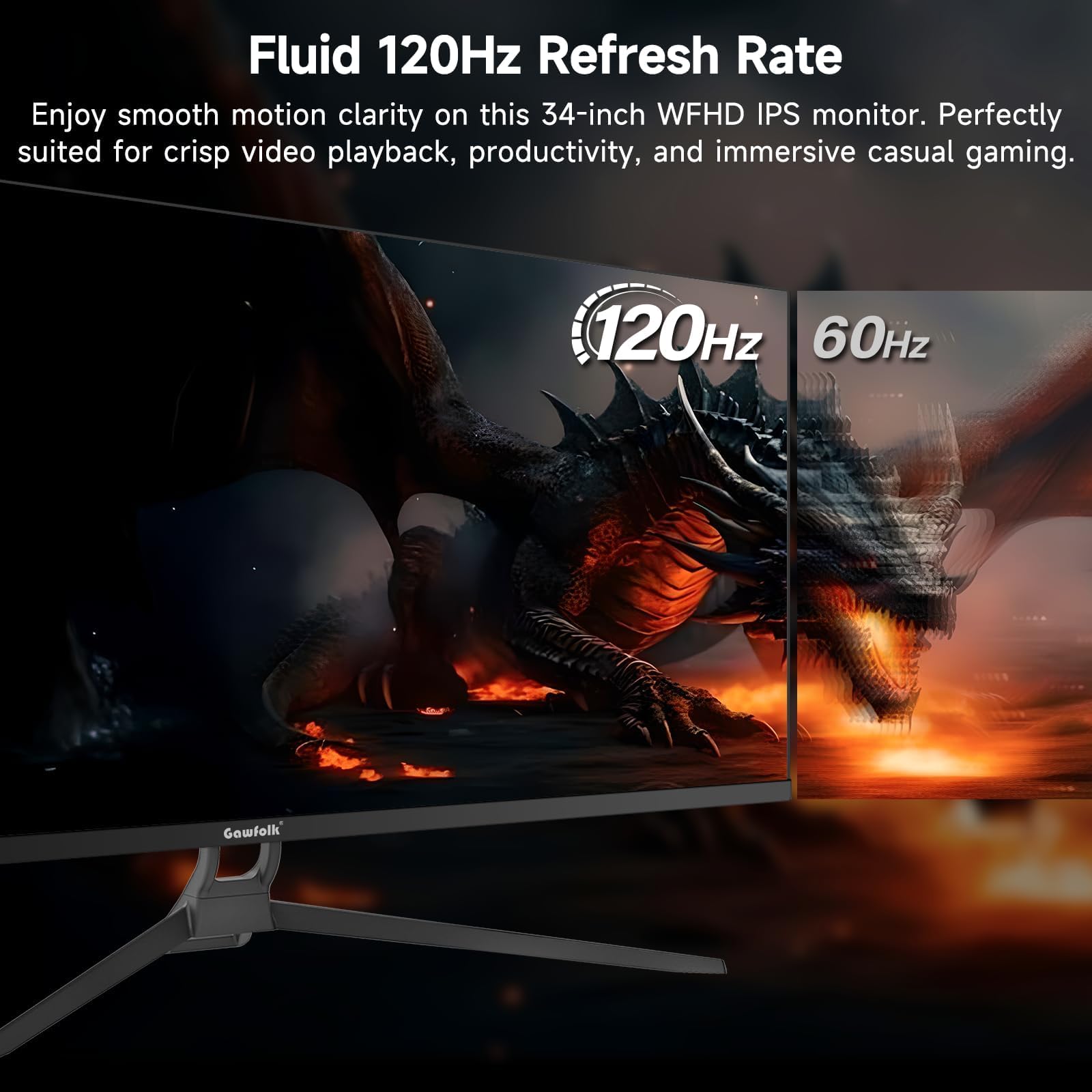 Gawfolk Monitor 34 Pollici IPS, 2560x1080 DFHD, 120Hz, FreeSync, 21:9, per PC e Video Gaming, HDMI DisplayPort, Montaggio VESA 75x75mm, Nero