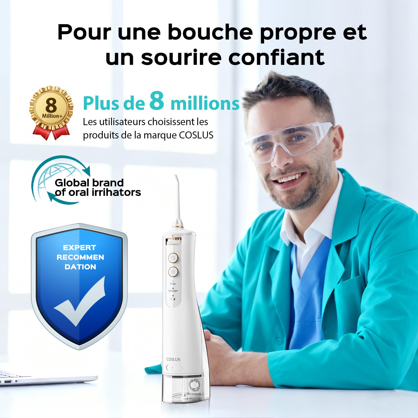 COSLUS Hydropulseur jet Dentaire Portable Dentaire Irrigateur Oral, 300 ML Sans Fil Hydropulseur 10 niveaux de contrôle doux, Rechargeable et Étanche IPX7 Vainqueur du Test, Blanc
