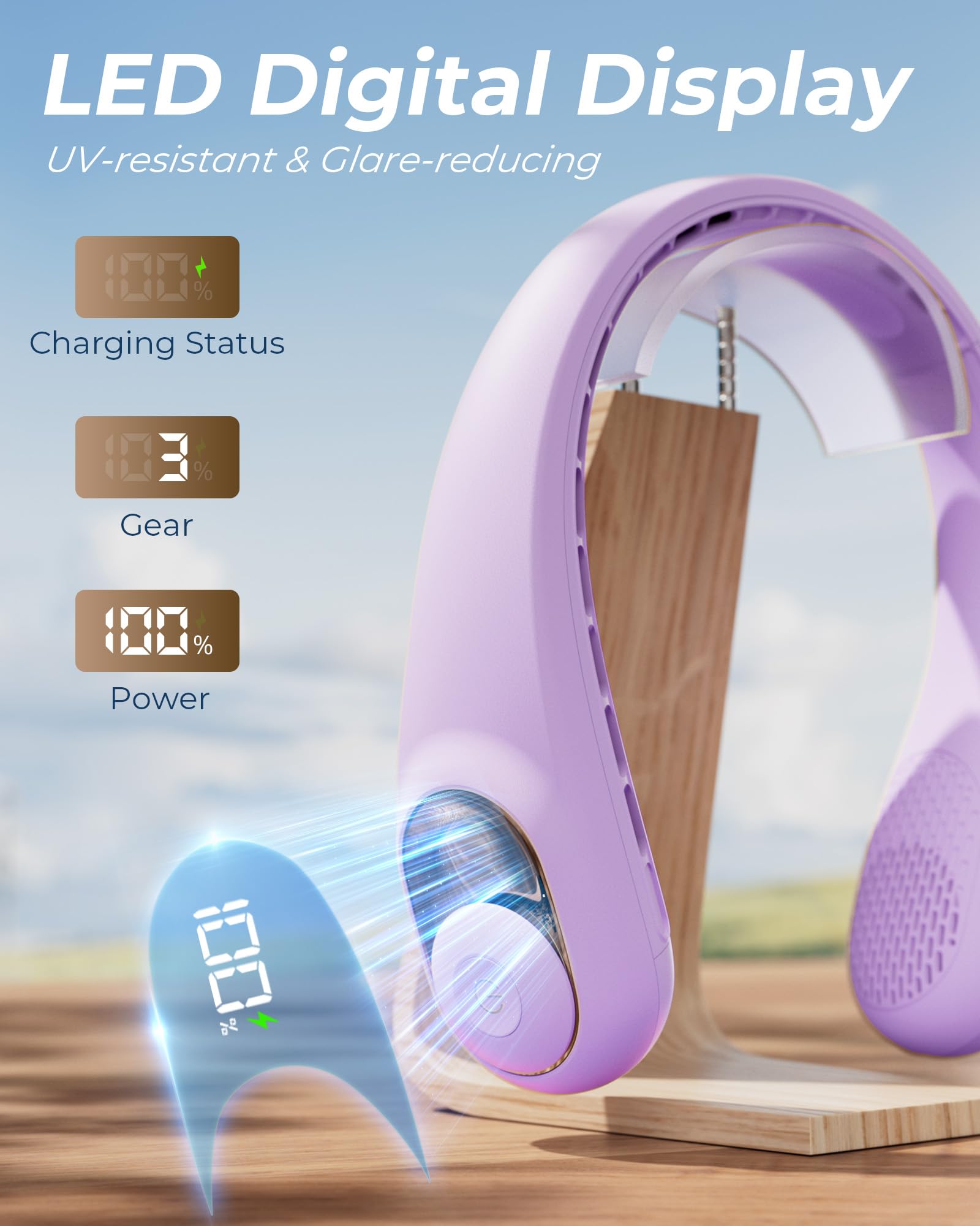 Ventilatore da collo, ventilatore personale con display a LED, ricaricabile USB-C, batteria da 5200 mAh, regolazione a 3 velocità e funzionamento silenzioso, perfetto per casa, viaggi, sport