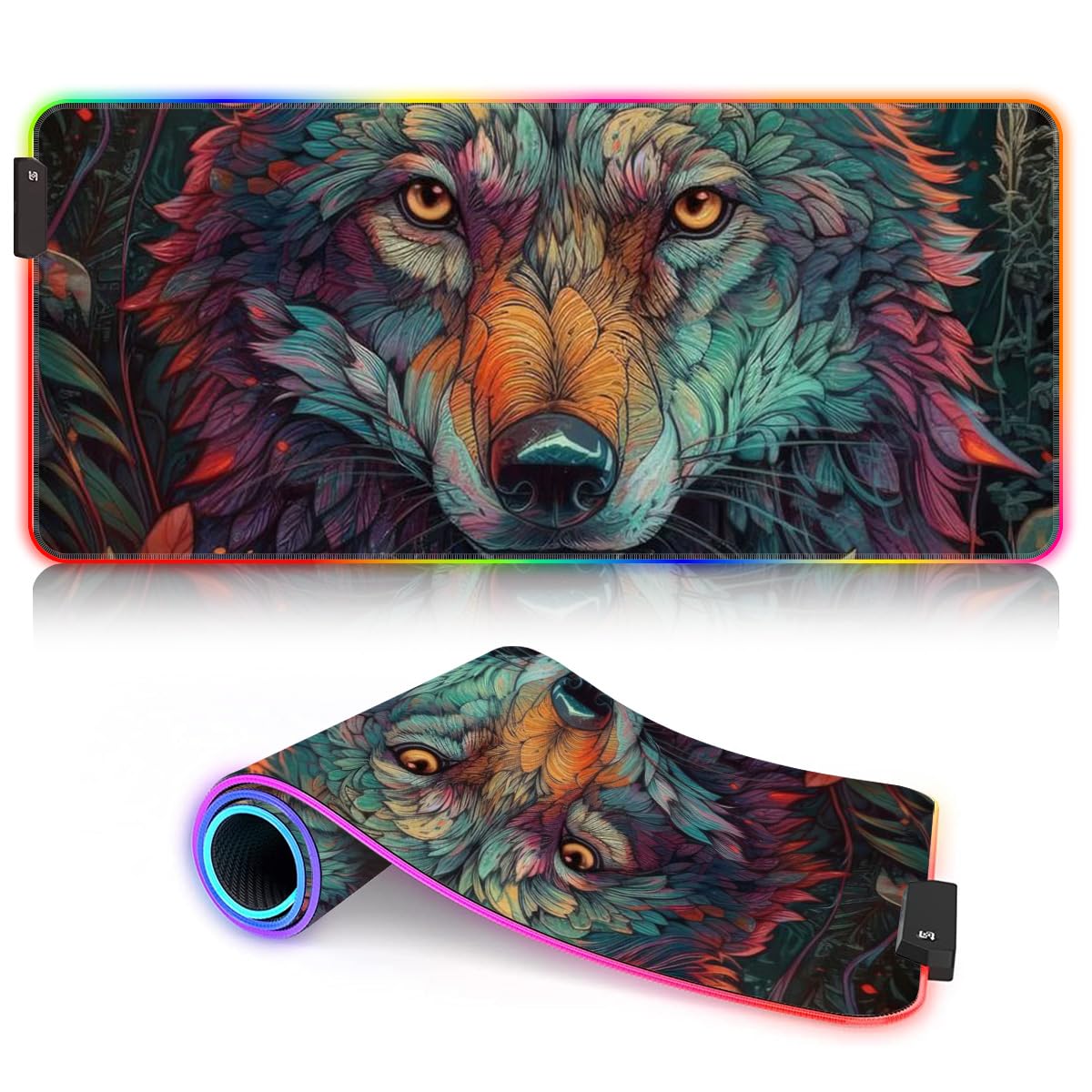 Tastaturmatte für den Desktop, abstrakter Wolf, ROG-Mauspad, LED-Mauspad, Gaming, große Schreibtischunterlage (60 x 35 x 0,3) cm, genähte Kanten, Mauspad für Büro-Gaming