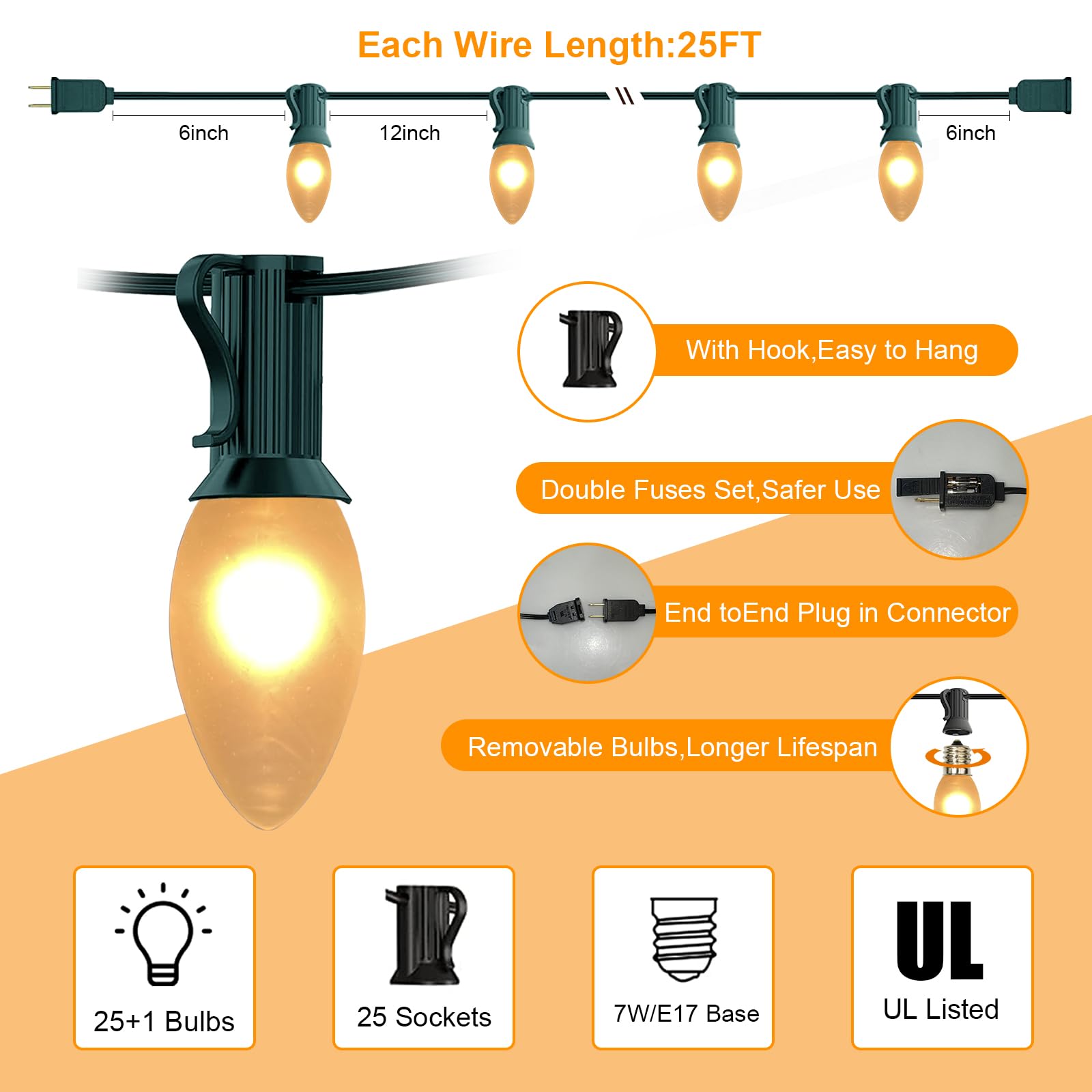 Konictom 25 FT C9 Frosted Christmas Lights,Warm White Outdoor Christmas