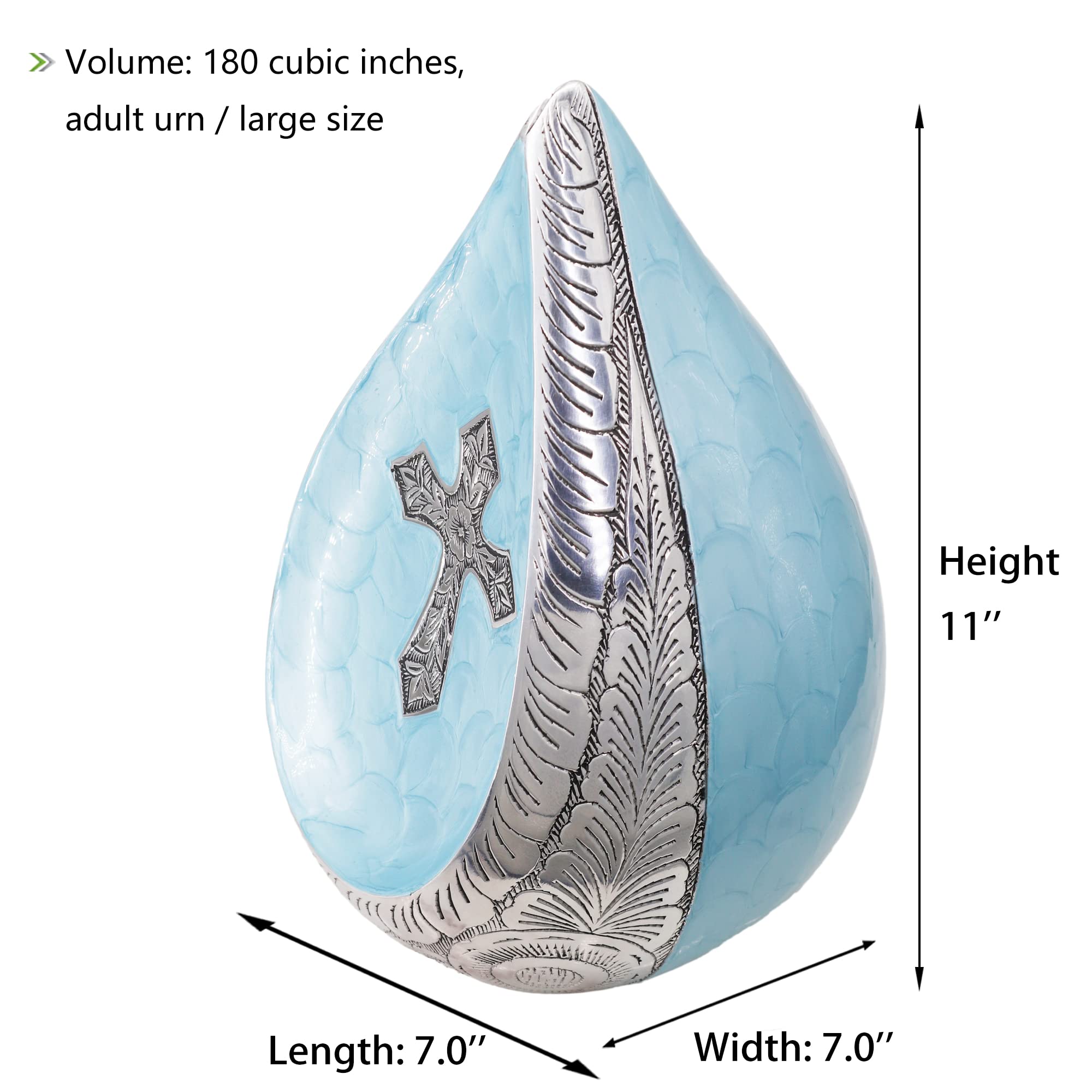 M MEILINXU Religious Teardrop Cremation Urns for Ashes Adults - Display at Home or in Niche at Columbarium, Engraved Cross Urns for Human Ashes for Male & Female, Watery Blue Urn - Large