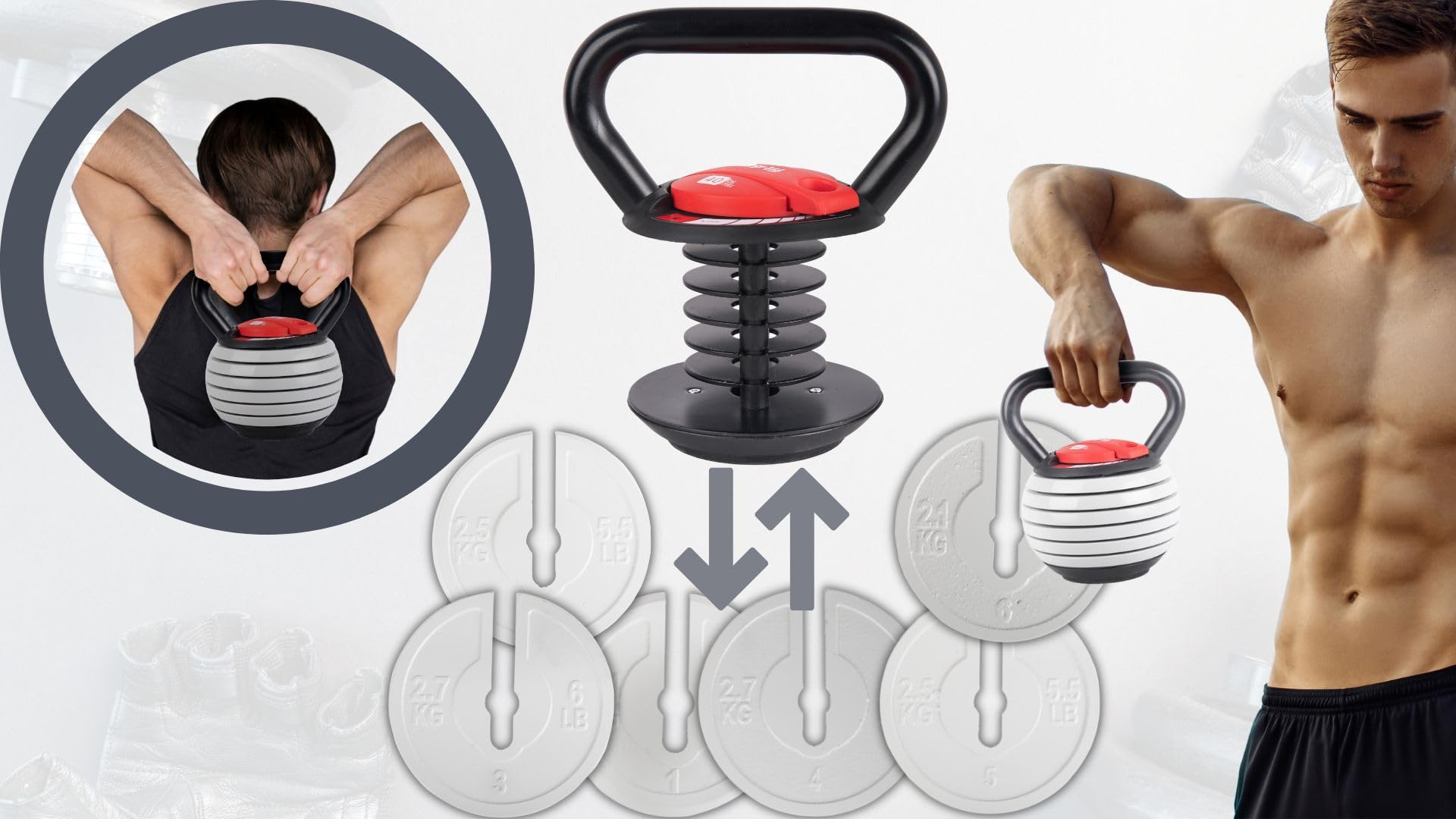 Regulowany Kettlebell, Żeliwny z ABS, 3,5-18,1 kg, 6 Talerzy Obciążeniowych, 28 cm Wysokości, Czarny, Model FIT-954