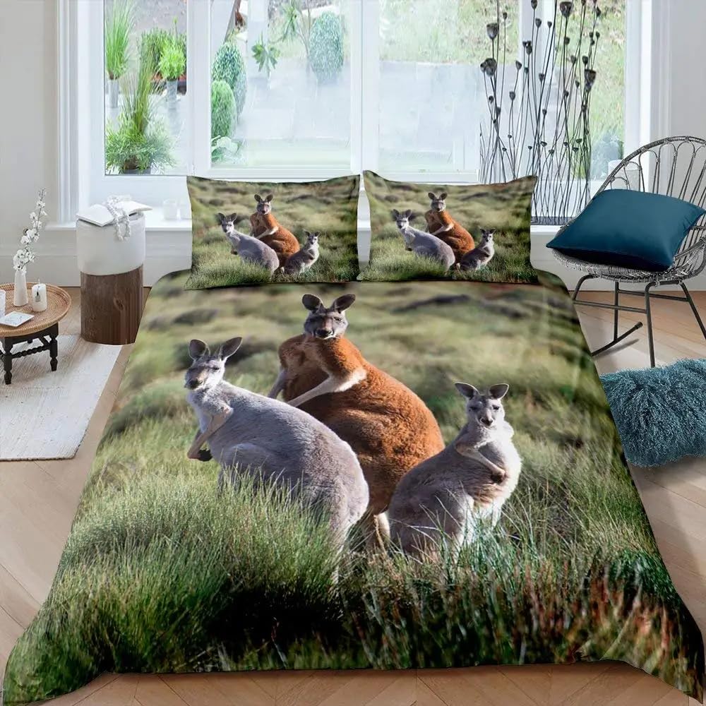 QBIDCSX Super King Duvet Set Kangaroo Bedding Set with Zipper Closure Microfiber Soft Breathable Duvet Cover 102.3x86.7 inch + 2 Matching Pillowcases 19x29 inch, for Adults Teenagers
