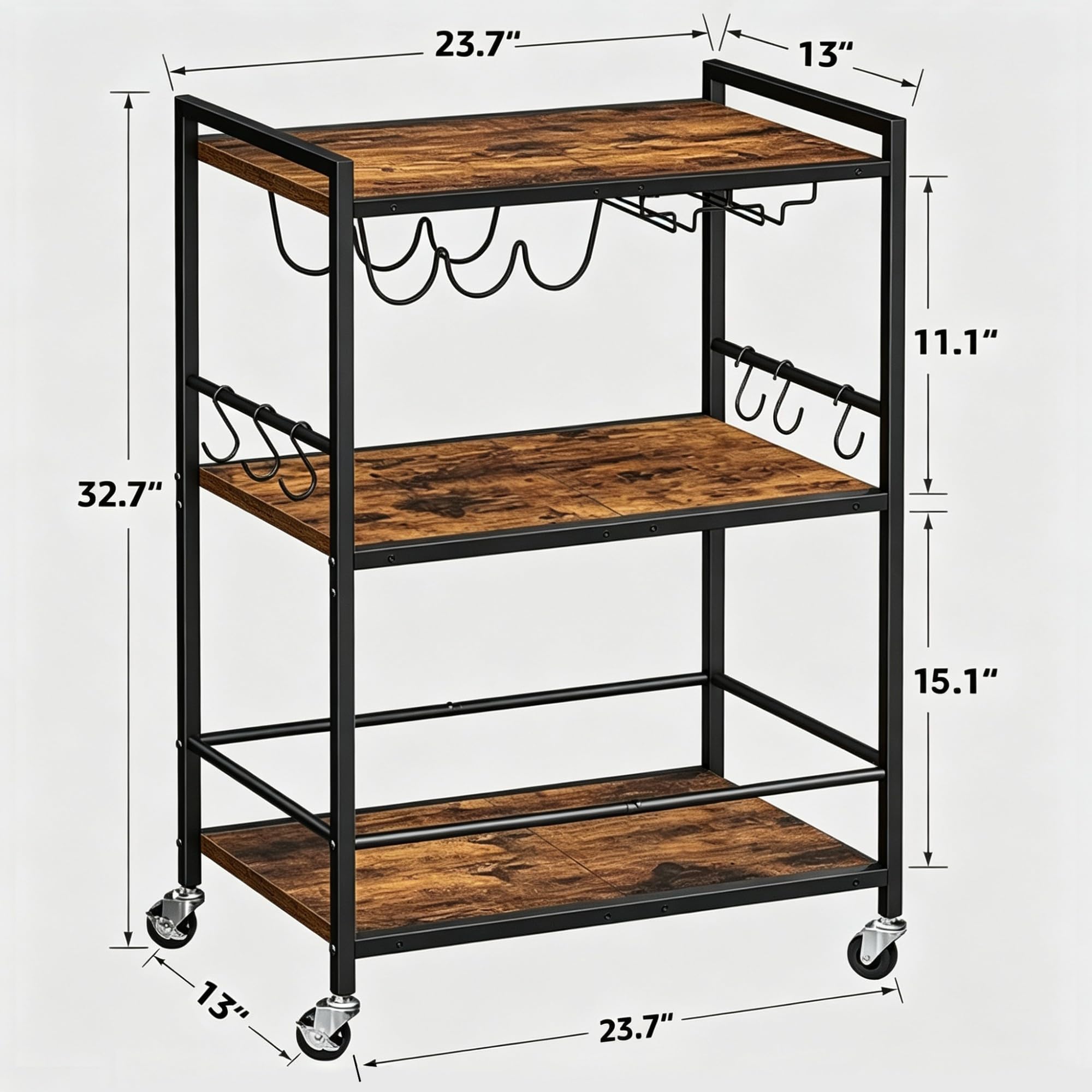 Carrello Cucina con Ruote e Portabottiglie, 3 Ripiani, Carrello Servizio