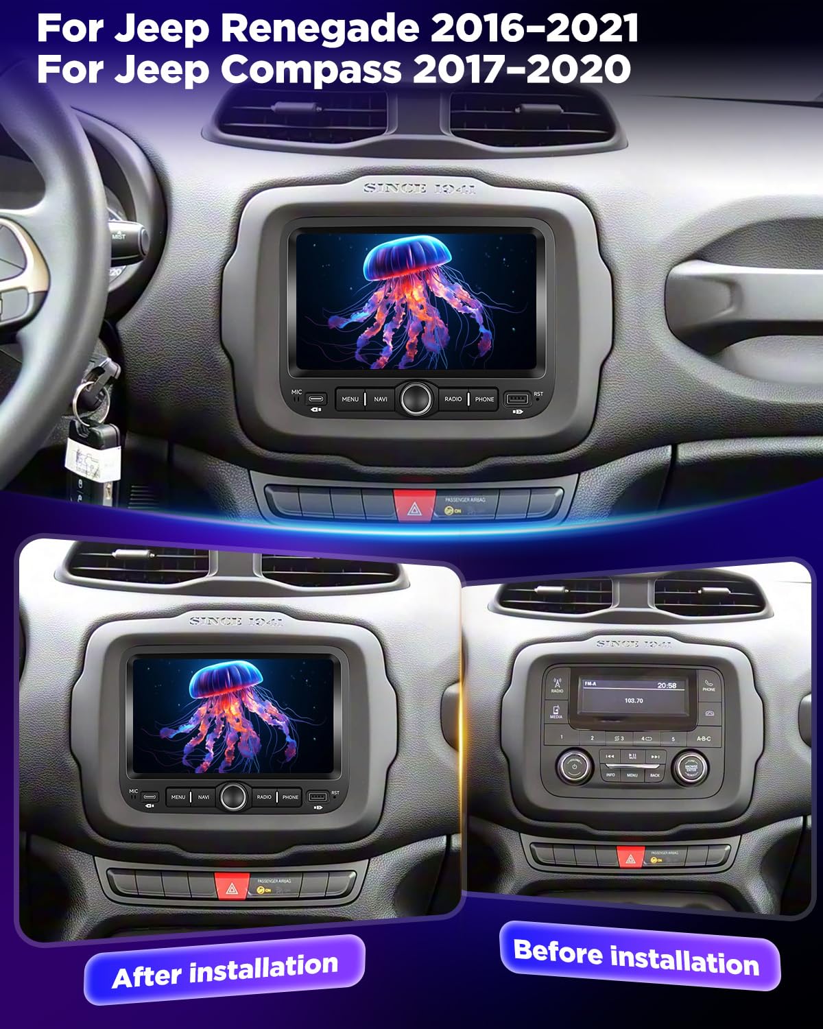NHOPEEW Radio samochodowe 4+64G do Jeep Renegade 2016-2020/Compass 2017-2020 z bezprzewodowym Carplay i Android Auto – 7-calowy ekran Incell, obsługuje WiFi, GPS + kamerę cofania, magistralę Canbus