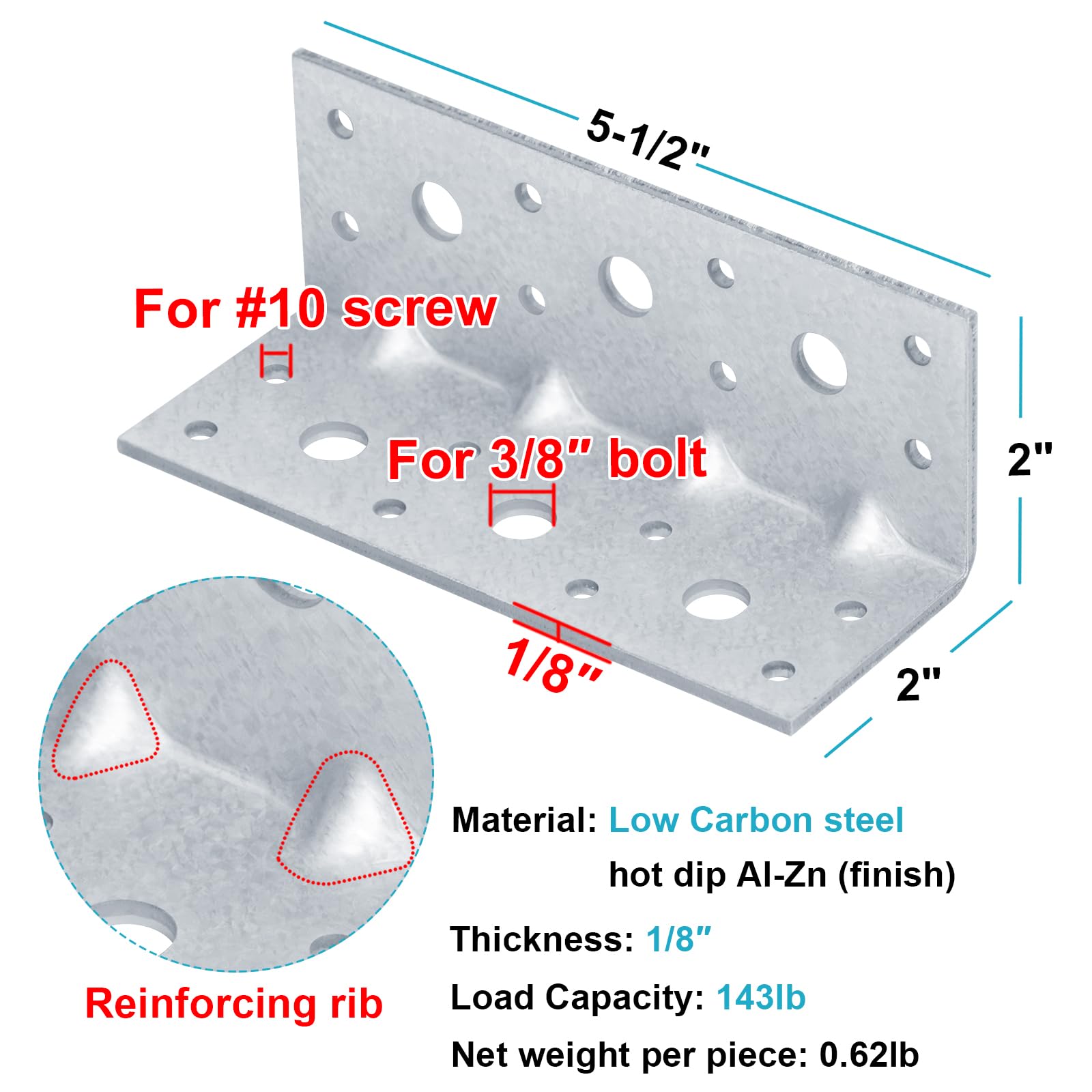 Confezione da 4 staffe angolari a L in acciaio zincato, con design rinforzato, connettore resistente a 90 gradi per mensole in legno, mobili, carico massimo 64,9 kg