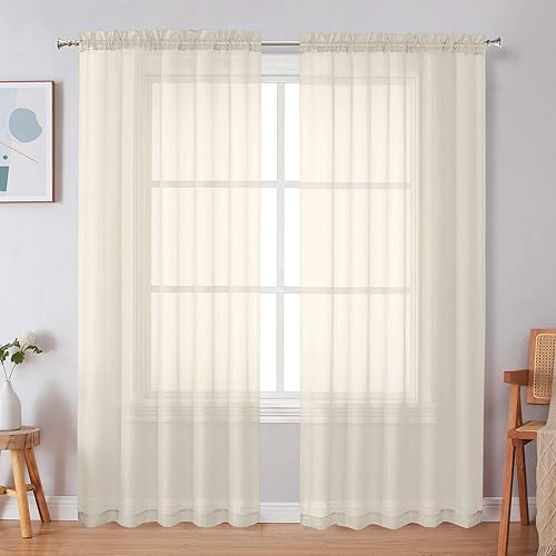 Simplebrand Cream Sheer Curtains, 72" Length, 2 Panels Set - Light Filtering, Rod Pocket Window Curtains for Bedroom (Cream, 59" W x 72" L)