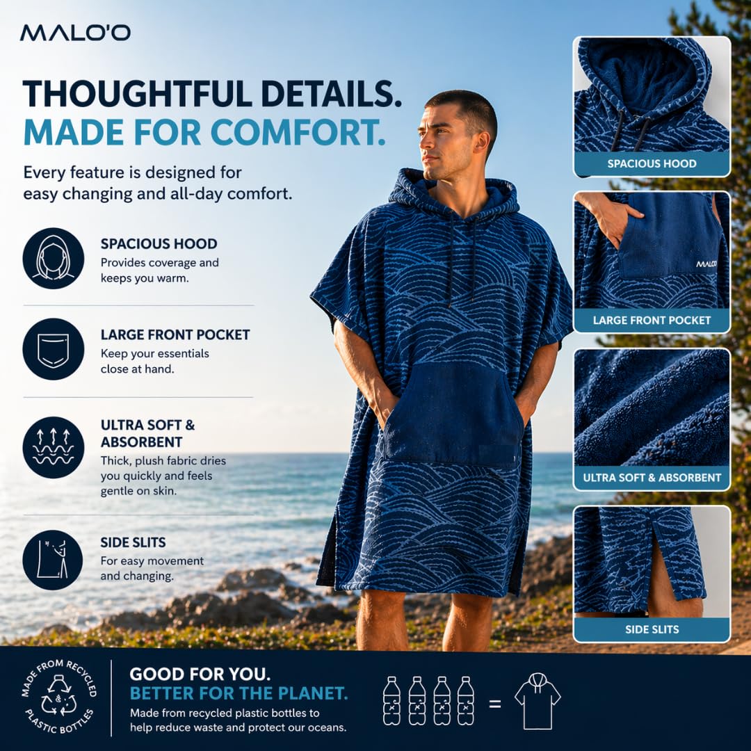 Malo'o Nalu Surf Poncho Wickelmantel mit Kapuze, weich und warm, Kinder- und Erwachsenengrößen, Wickeltuch und Poncho