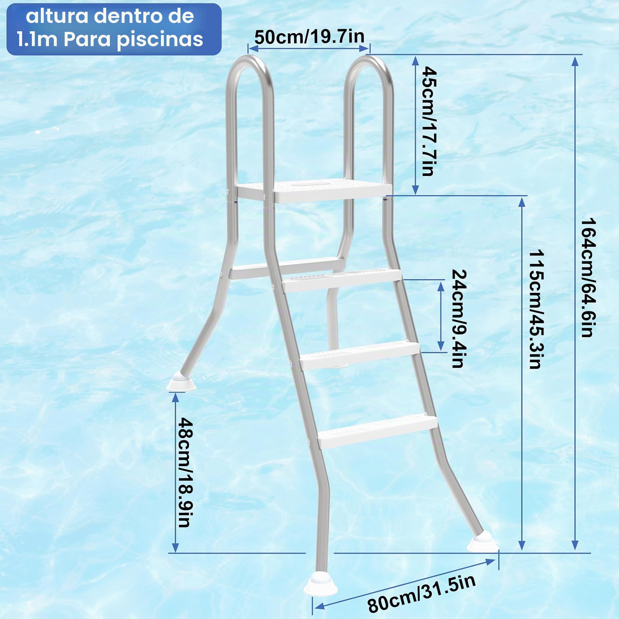 Escalera para piscina de 3 escalones fabricada en acero inoxidable 304, escalera antideslizante para piscina, ayuda de entrada móvil para piscinas parcialmente empotradas con una profundidad