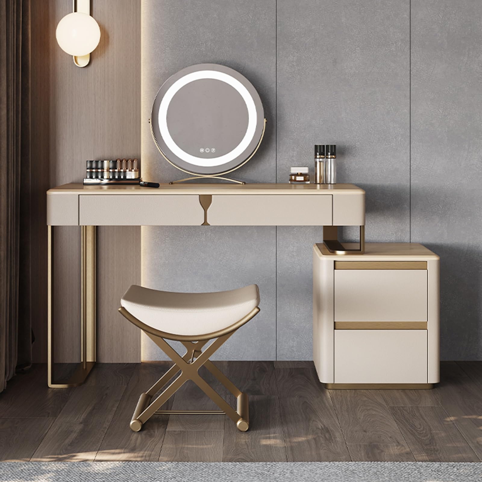 asdchZen Large Makeup Vanity Set With Mirror, Dressing Table With Drawers & Cabinet, Cushioned Stool For Bedroom-Stylish & Functional,Type-b-80cm/31.5in