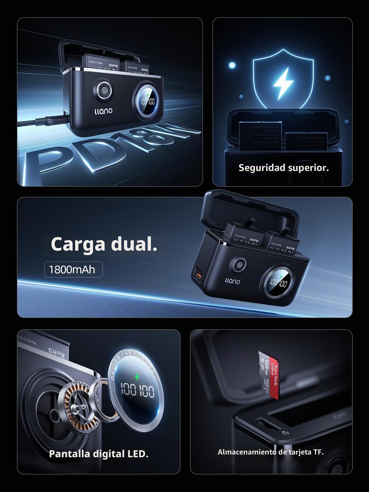 llano Cargador Dual rápido de 18W para cámaras dji Osmo 360, para Action 5 Pro para Action 4 para Action 3, con Pantalla Digital Inteligente & Tapa magnética (No Incluye batería)
