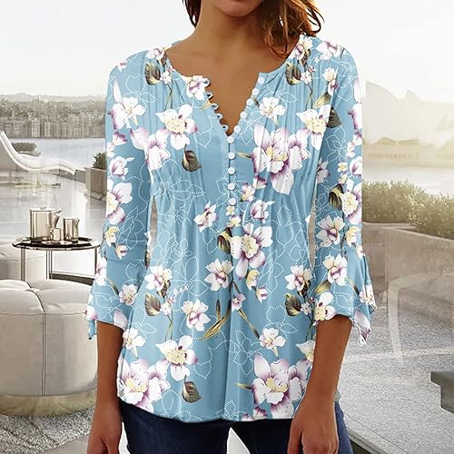 Miniatura 6 de Ceboyel Blusa tipo túnica con estampado floral para mujer, con botones, estilo Henley, manga codero, casual, ropa de moda para mujer