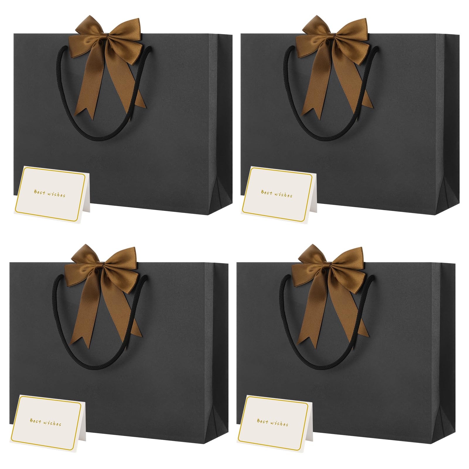 4 Pcs Black Gift Bag Medium Birthday Gift Bags with 4 Bow 4 Cards for Christmas New Year Birthday Valentines Graduation Wedding Party (27 * 21 * 8 cm)