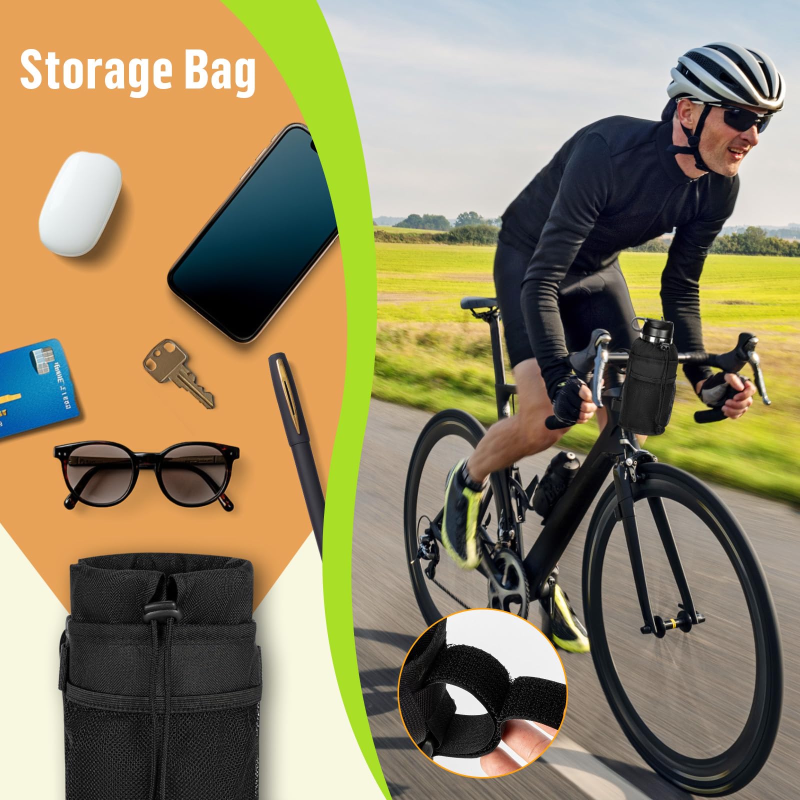 Mini Porte-bouteille De Vélo Avec Poche En Maille – Fixation Par Scratch Pour Guidon 1,5-5cm, VTT, Route, Fauteuil