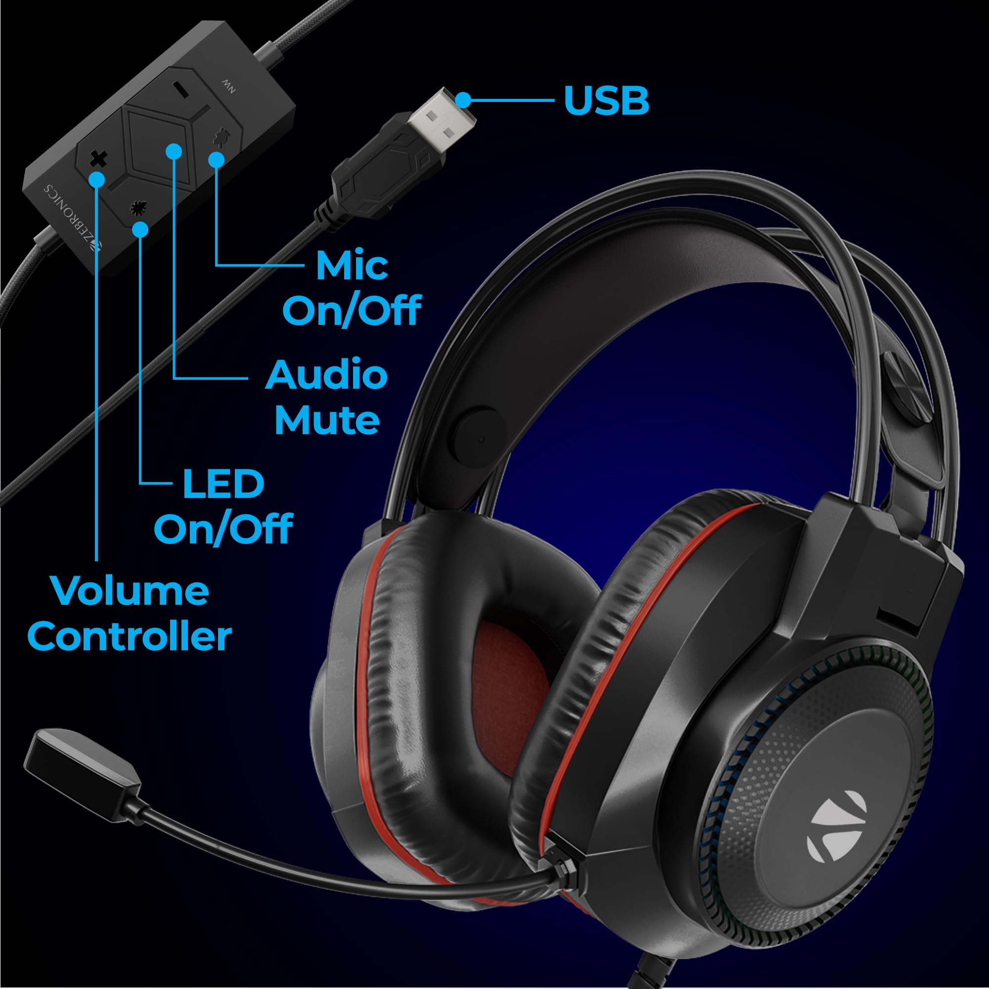 Zebronics Premium Wired USB Gaming Headphone, Simulated 7.1 Surround Sound, 40mm Neodymium Drivers, Windows Software, EQ, Flexible Mic, Multicolor, 2m Braided Cable, Ear Cushion, PC & Laptop (Jet 7.1) — Amazon image 4