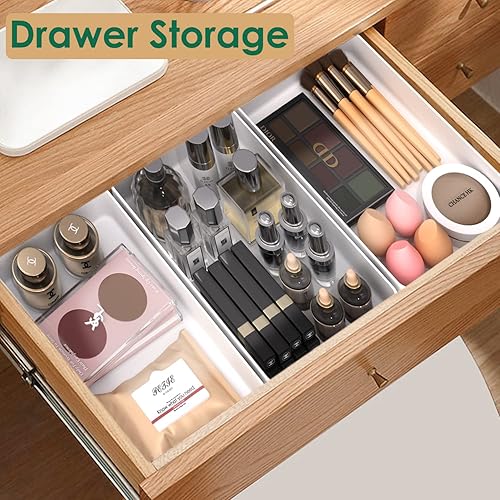 Miniatura 8 de Juego de 4 organizadores apilables de cajones de plástico de gran tamaño, bandejas de baño, organizadores de cajones de escritorio y contenedores de