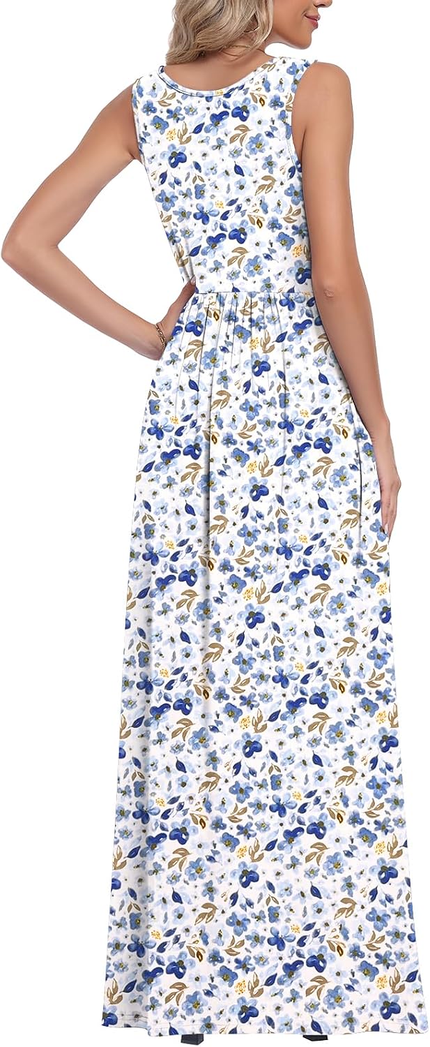 Summer Dresses for Women Flowy Casual Sleeveless Maxi Dress Beach Vacation Sundresses with Pockets S-2XL