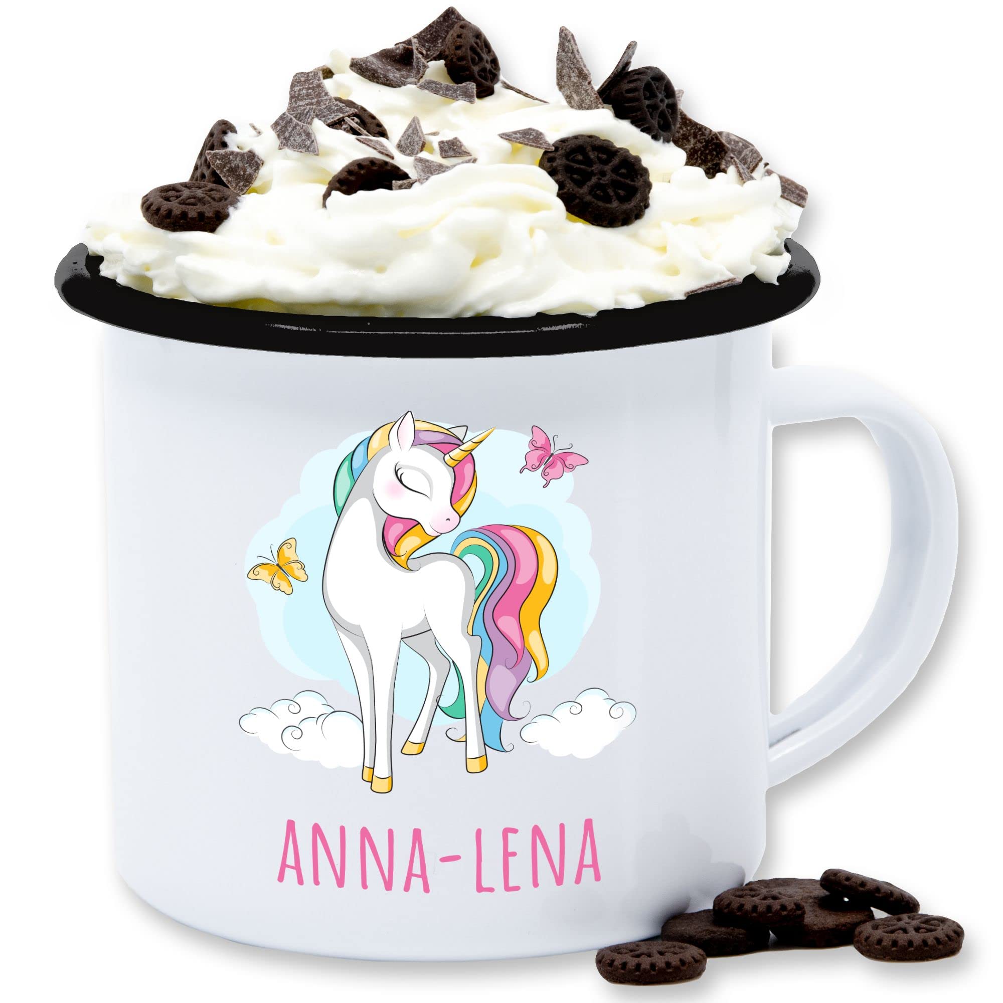 Emaille Becher Mit Einhorn-Motiv – 300 Ml, Kratzfest, Spülmaschinengeeignet (weiß/silber)