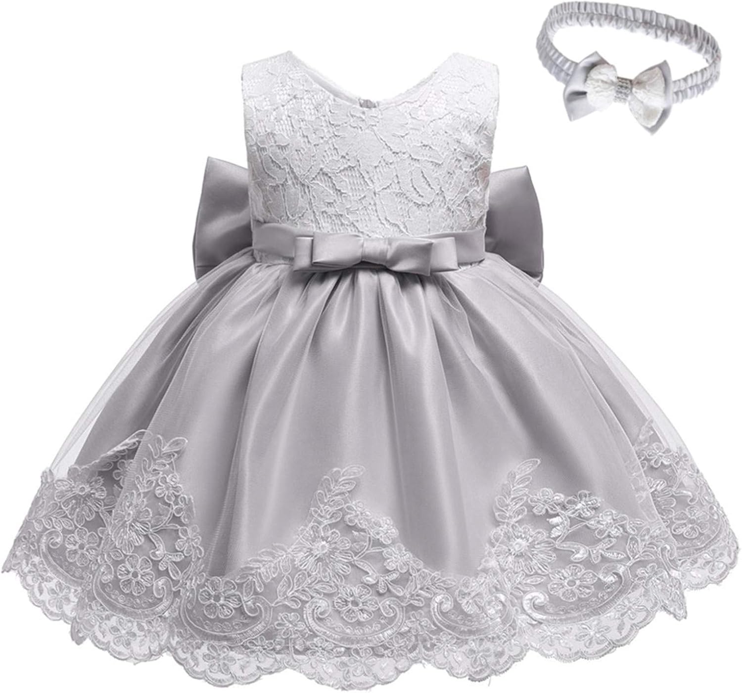 Formal Tutu Bowknot Princess Wedding Baby Clothes Lace Dress+Headband Girls Set Baby Holiday (Grey, 0-3 Months)