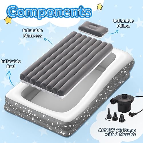Miniatura 9 de Cama inflable de viaje para niños pequeños portátil y segura, cama inflable para niños con 4 lados, colchón de aire para niños ideal para acampar al