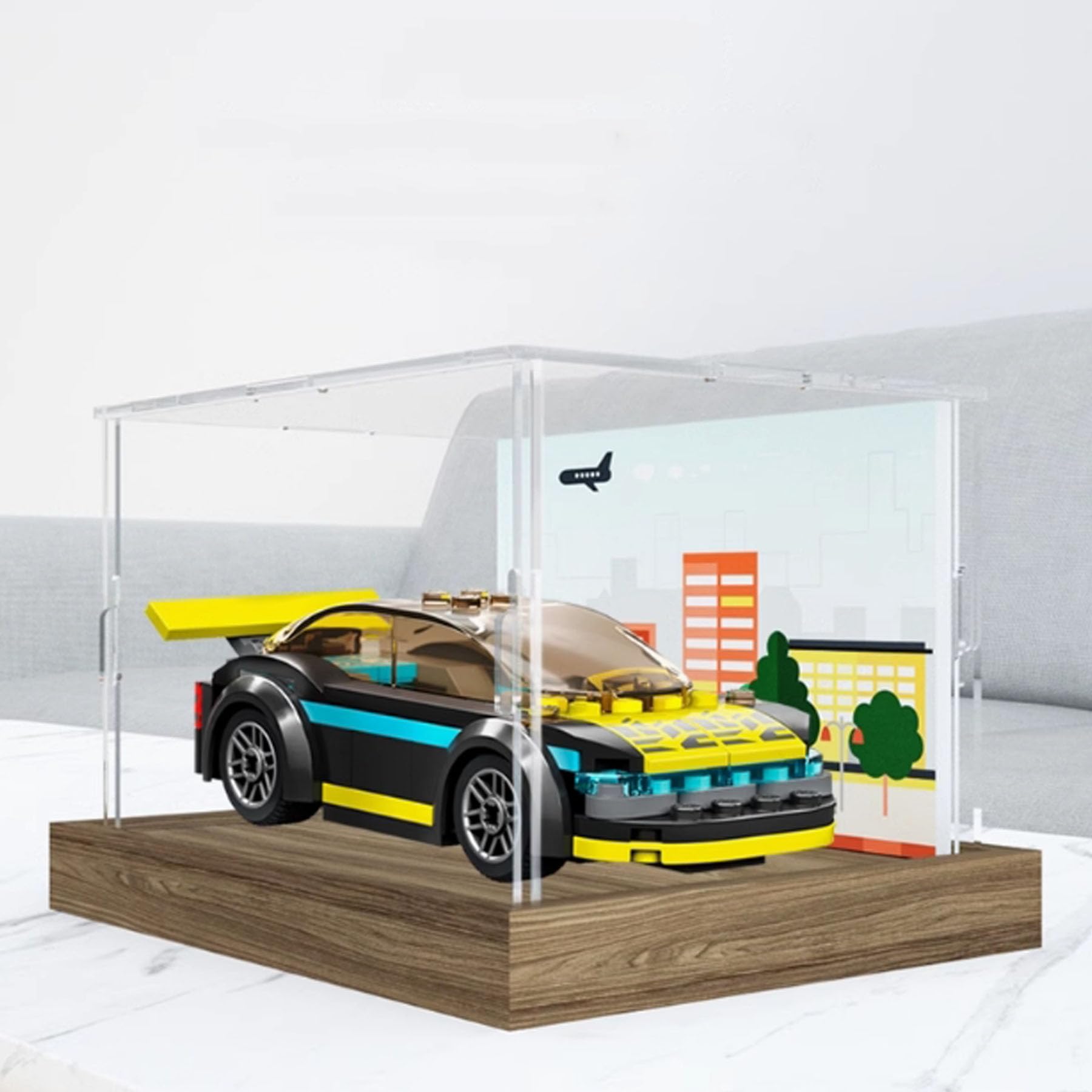 Transparent Acrylic Display Case for Lego 60383 Green Power Sports Car Dustproof Display Case (Model not Included) (Wooden Base 2mm)