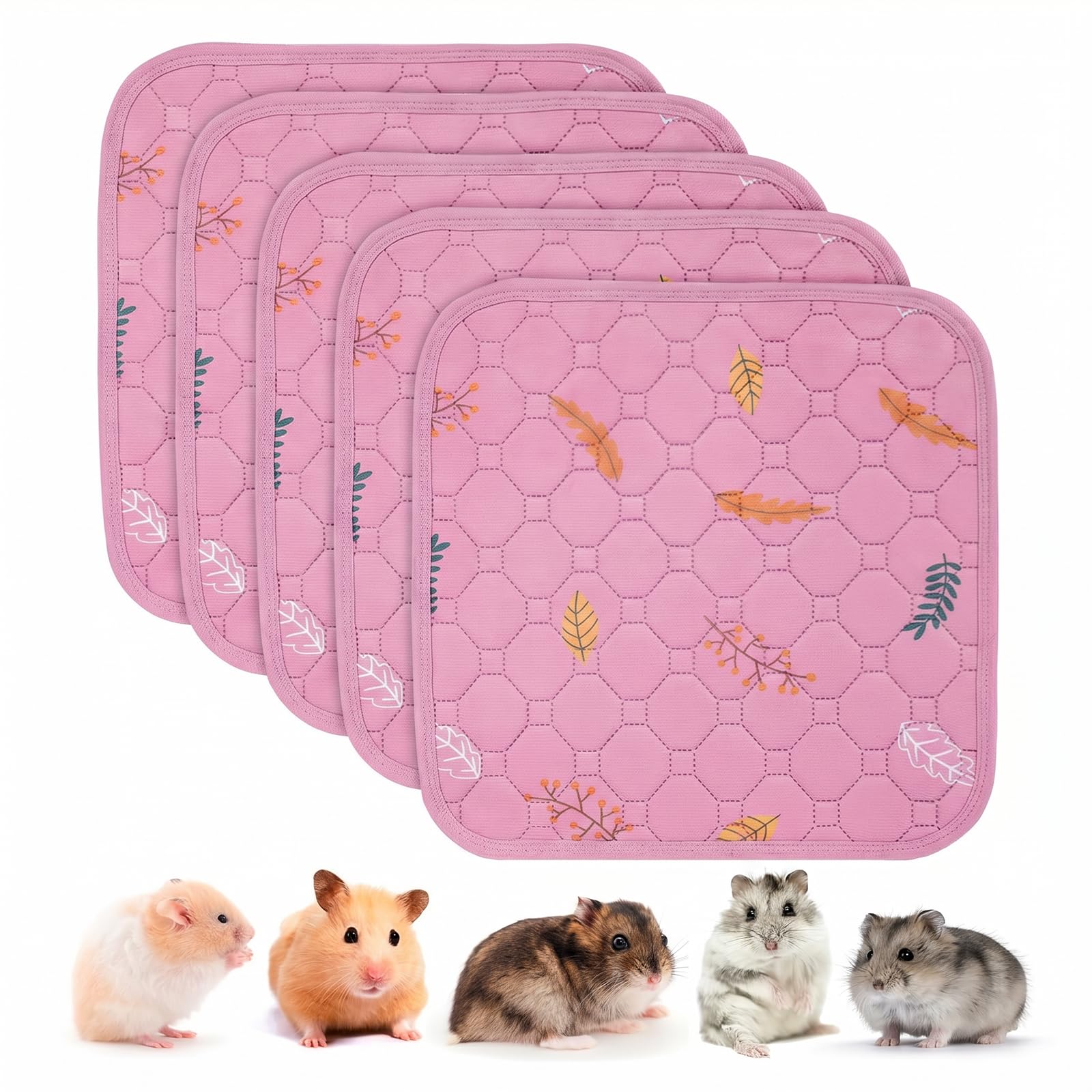 Sunheir Washable Pee Pads for Small Pet 5-Pack, Reusable Pet Training Pads Absorbent &amp; Leak-Free, Waterproof Pee Pads for Dog Cat Rabbit Guinea Pig Hamster, Whelping Pad (Leaves - Pink, 12x12)