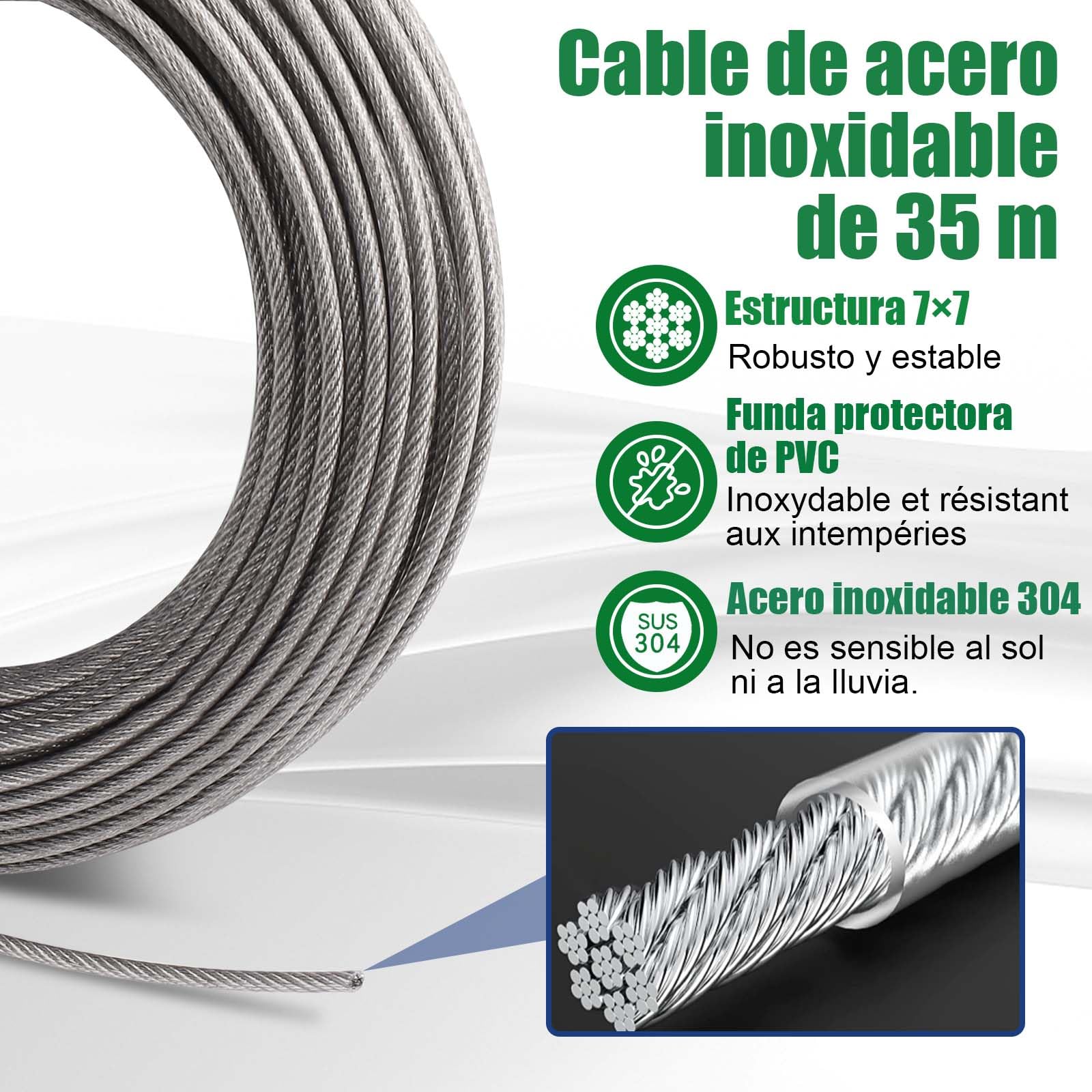 Angooni Lote de 31 cables de acero inoxidable 304, 30 m, 4 mm, tensor de cable de acero inoxidable 304, con ojales, tutores para plantas trepadoras, cuerda para tender ropa, luces, etc