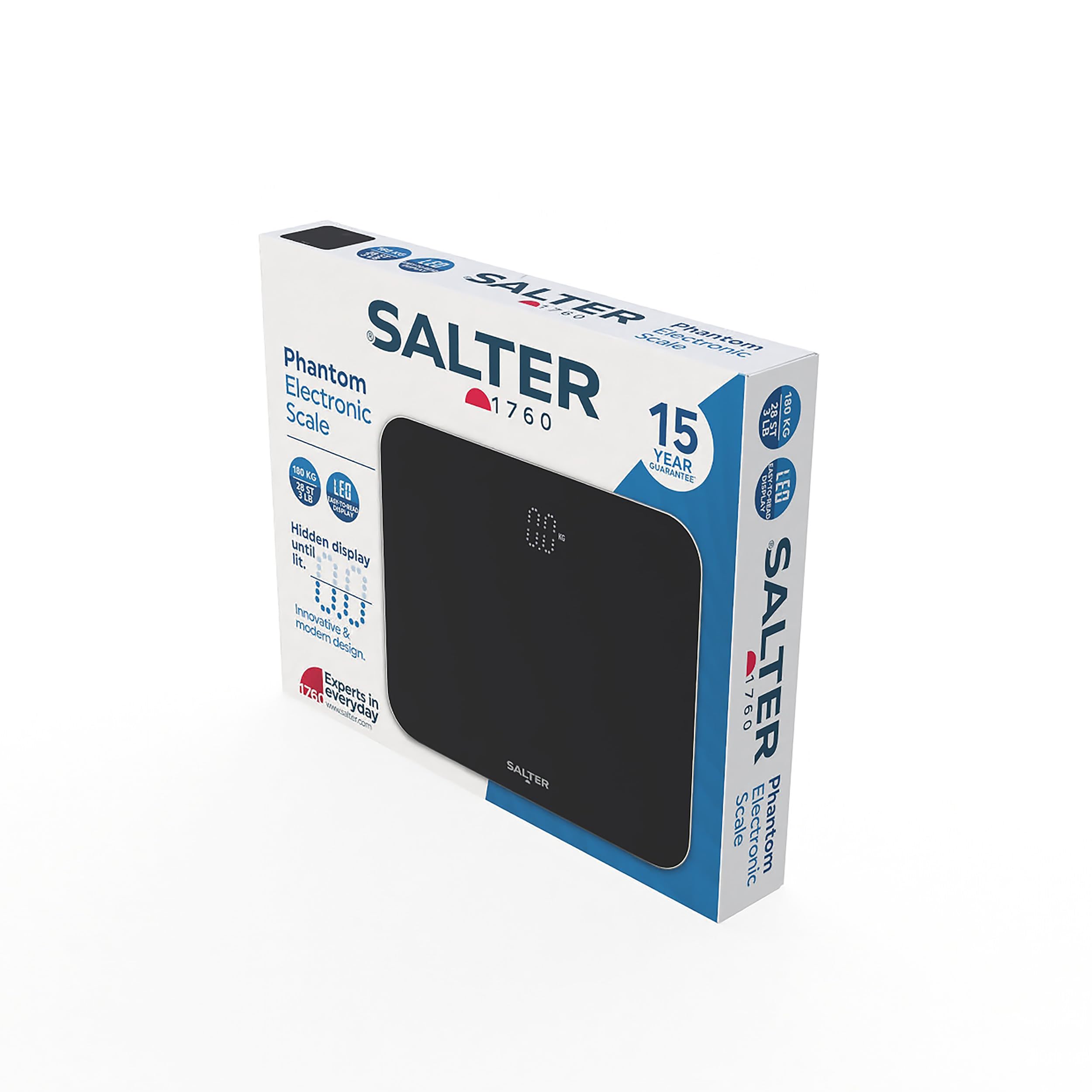 Salter 9204 BK3R Bathroom Scale, Premium Compact Phantom Electronic Digital Scales For Body Weight, 180 KG Max Capacity, Hidden Until Lit Display, Toughened Safety Glass, Carpet Feet, KG or LBS, Black